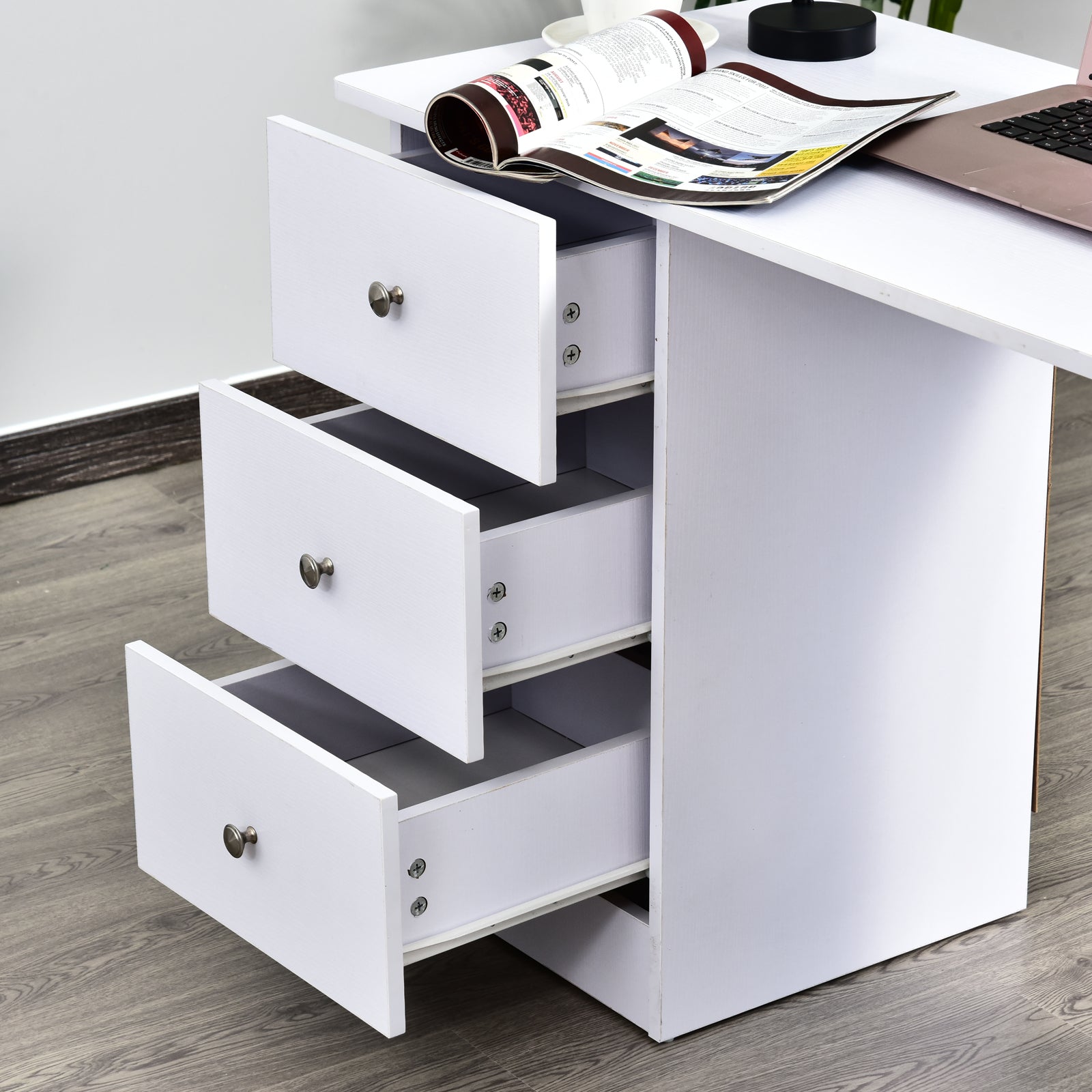 Multimedia Computer Desk with Multiple Storage Spaces 3 Drawers 2 Shelves 120L x 49W x 72H cm White
