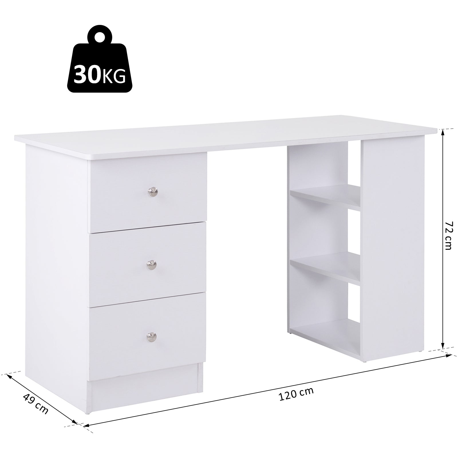 Multimedia Computer Desk with Multiple Storage Spaces 3 Drawers 2 Shelves 120L x 49W x 72H cm White