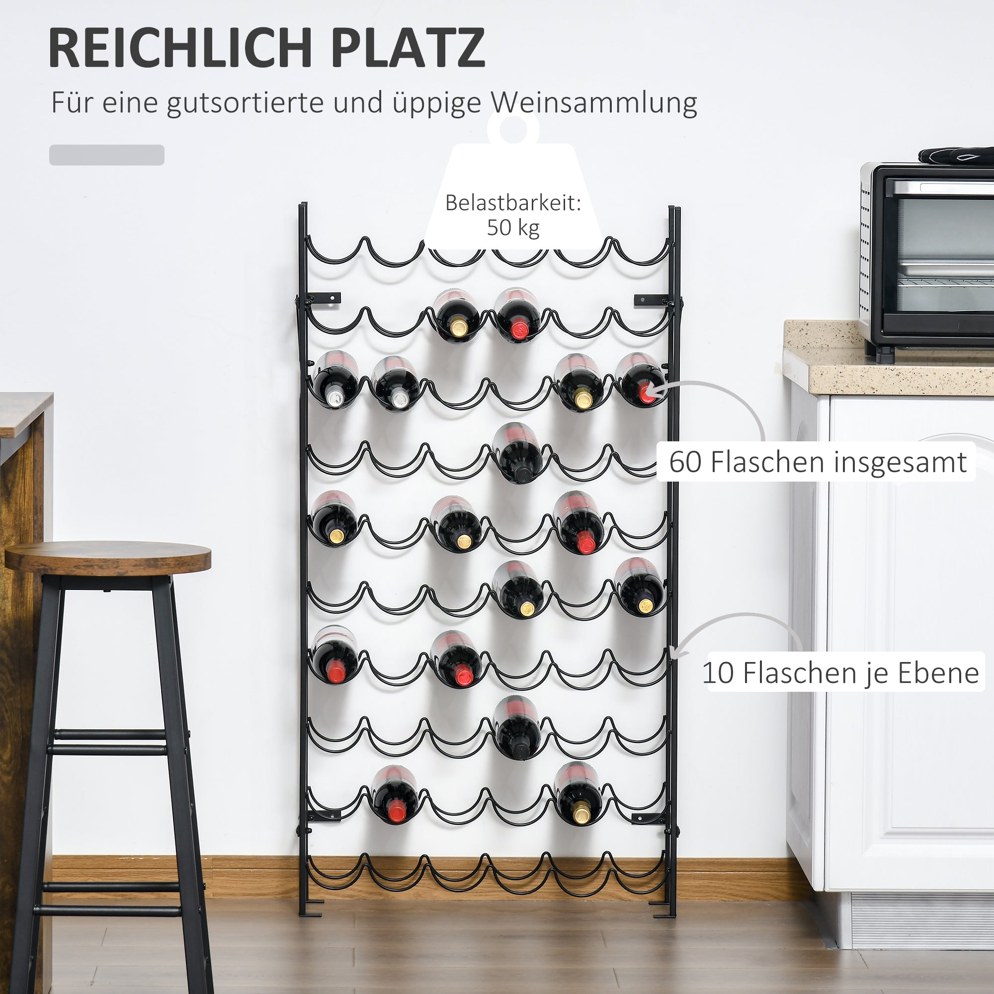 Wine Rack Wine Stand Bottle Rack 60 Bottles Wall Mount Metal Black