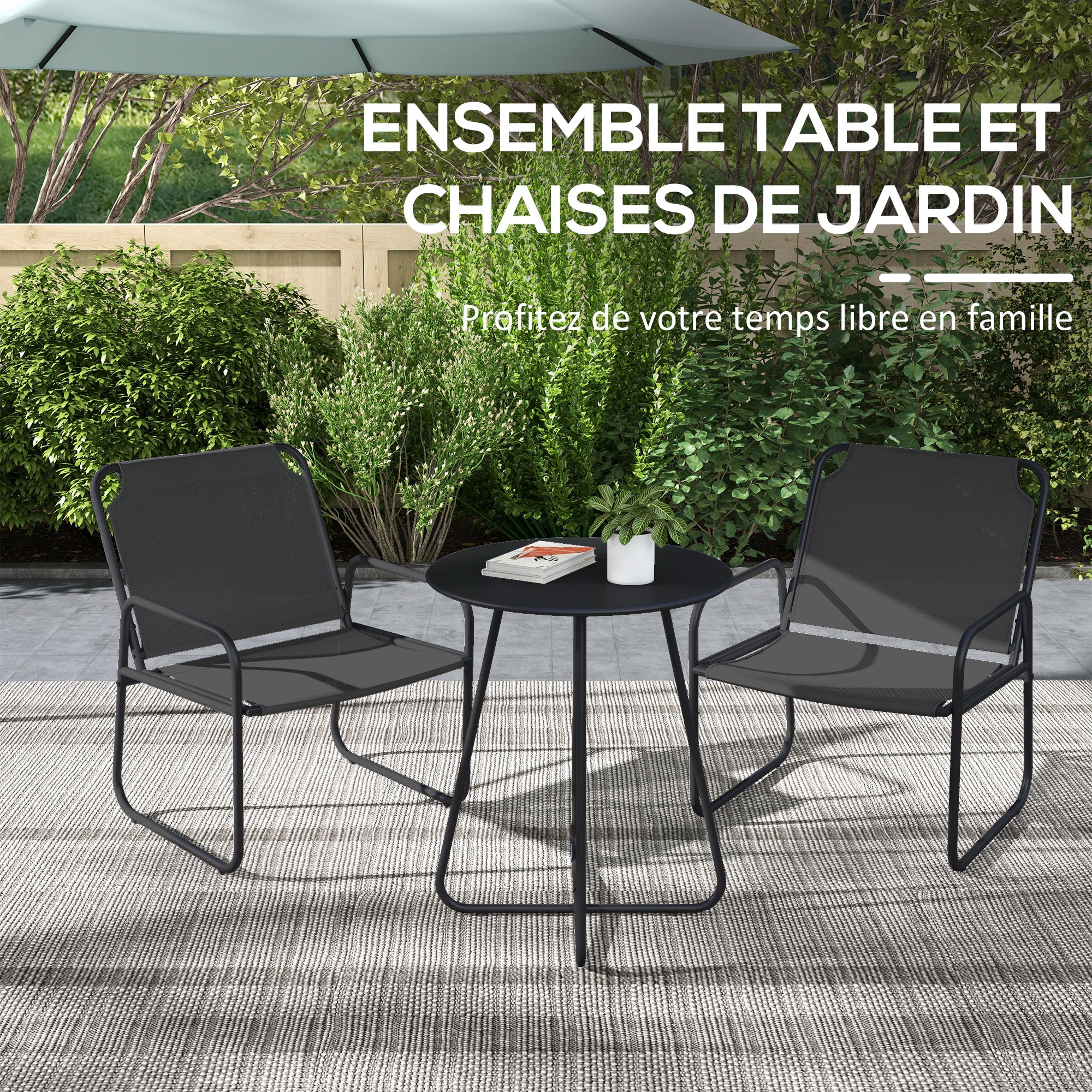 3-Piece Garden Set, Patio Furniture, 2 Chairs 1 Round Table, Steel and Breathable Fabric, Gray
