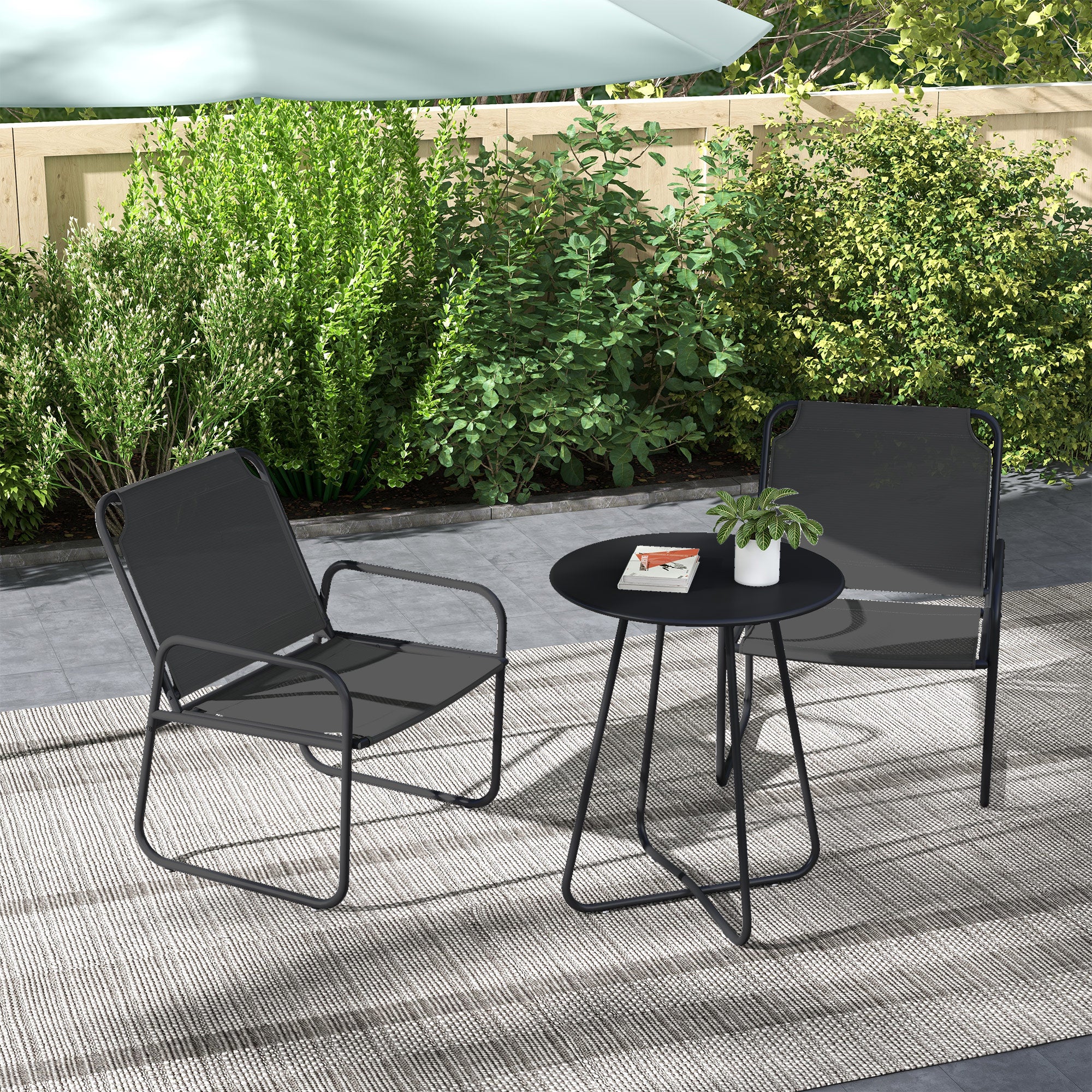 3-Piece Garden Set, Patio Furniture, 2 Chairs 1 Round Table, Steel and Breathable Fabric, Gray