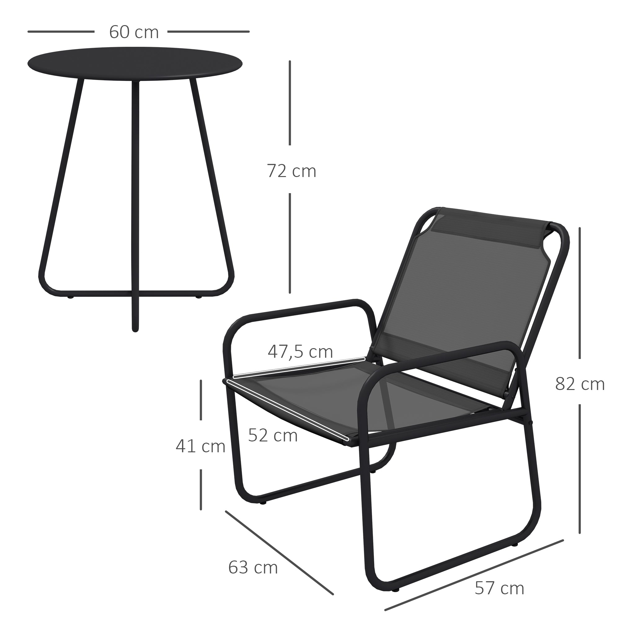 3-Piece Garden Set, Patio Furniture, 2 Chairs 1 Round Table, Steel and Breathable Fabric, Gray