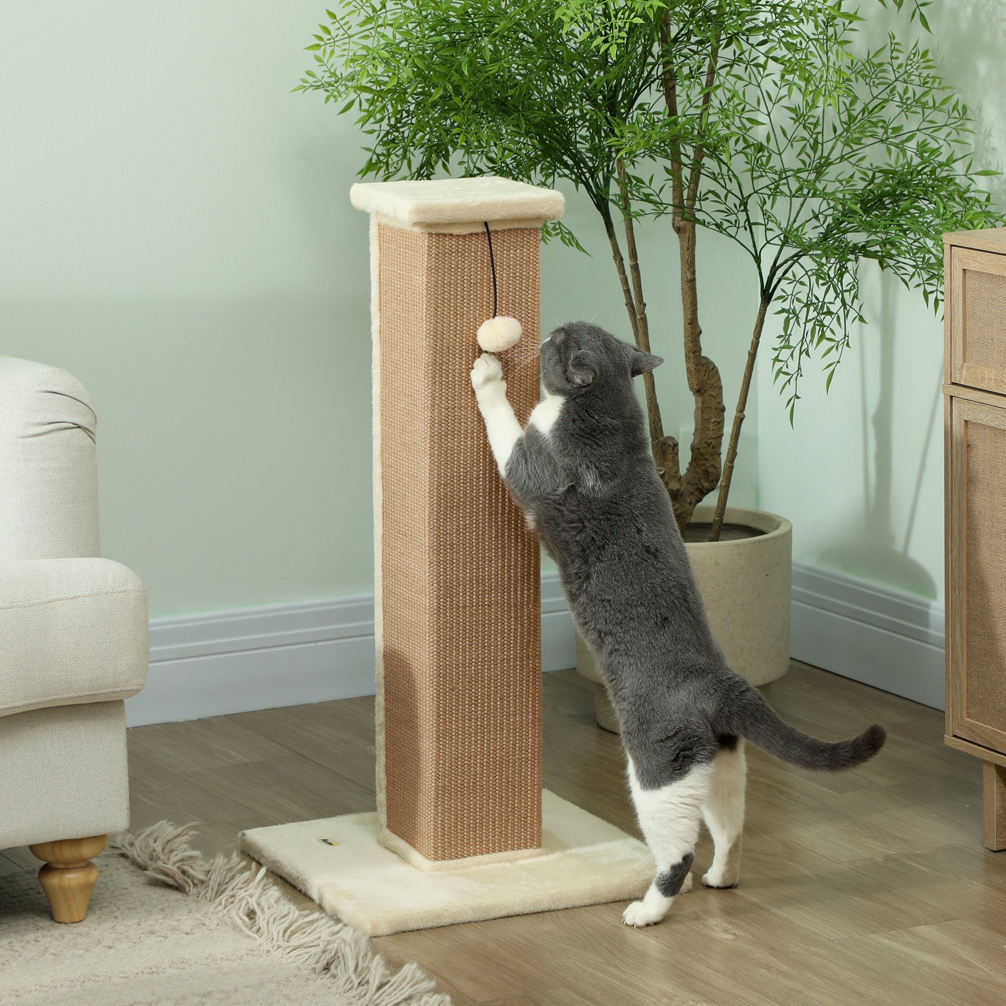 Cat Scratching Post Height 31.9 inches Cat Scratcher with Jute Post and Hanging Ball 16.1x16.1x31.9 inches Beige