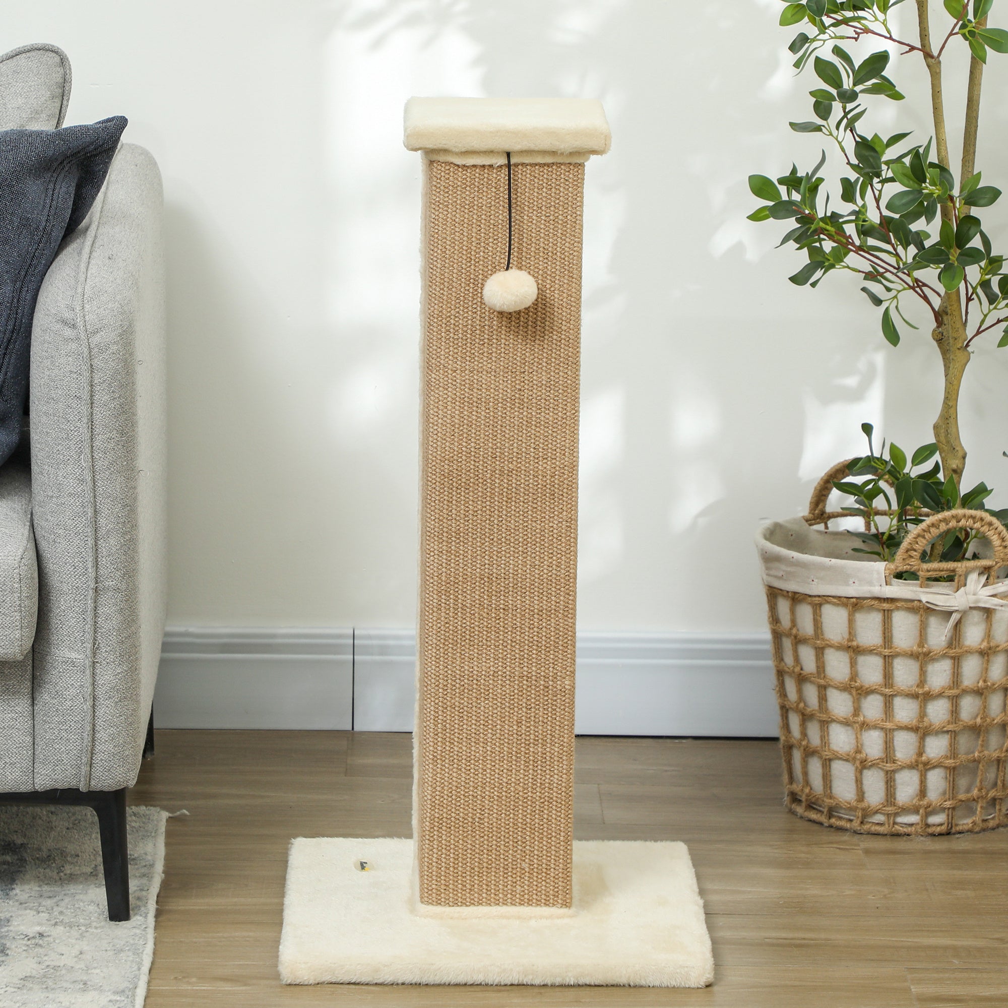 Cat Scratching Post Height 31.9 inches Cat Scratcher with Jute Post and Hanging Ball 16.1x16.1x31.9 inches Beige