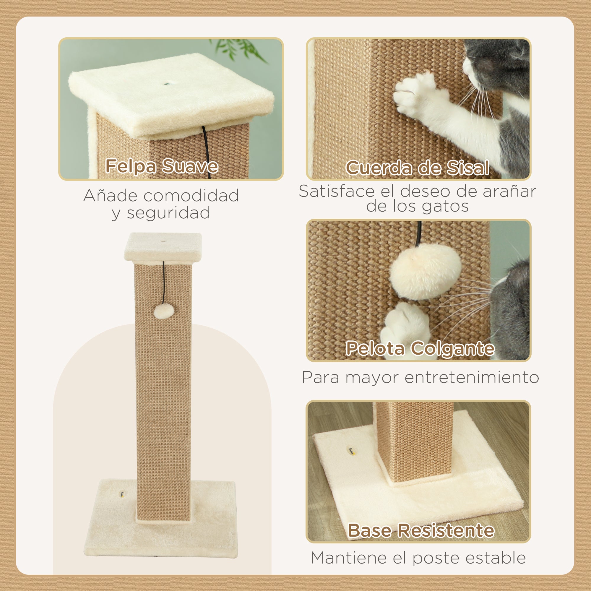 Cat Scratching Post Height 31.9 inches Cat Scratcher with Jute Post and Hanging Ball 16.1x16.1x31.9 inches Beige