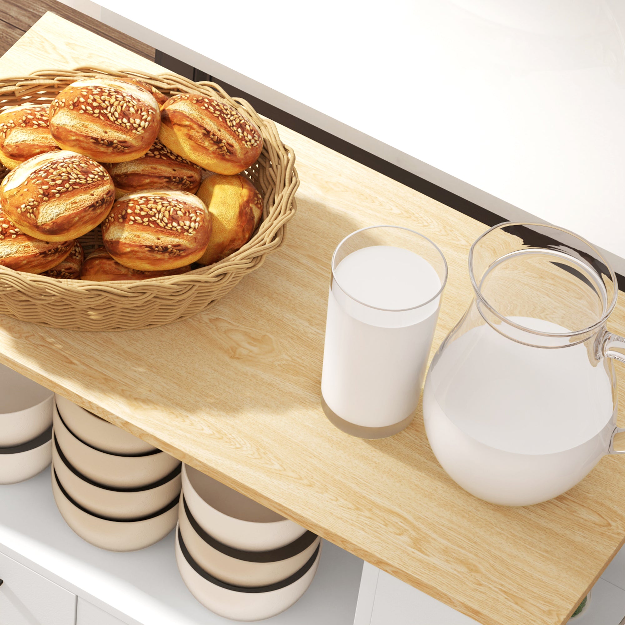Kitchen Trolley with Open Shelf, 2-Door Cabinet and 2-Tier Side Shelf, Multi-Purpose Trolley with Adjustable Wooden Shelf, 75x40x80.5 cm, White and Oak Color