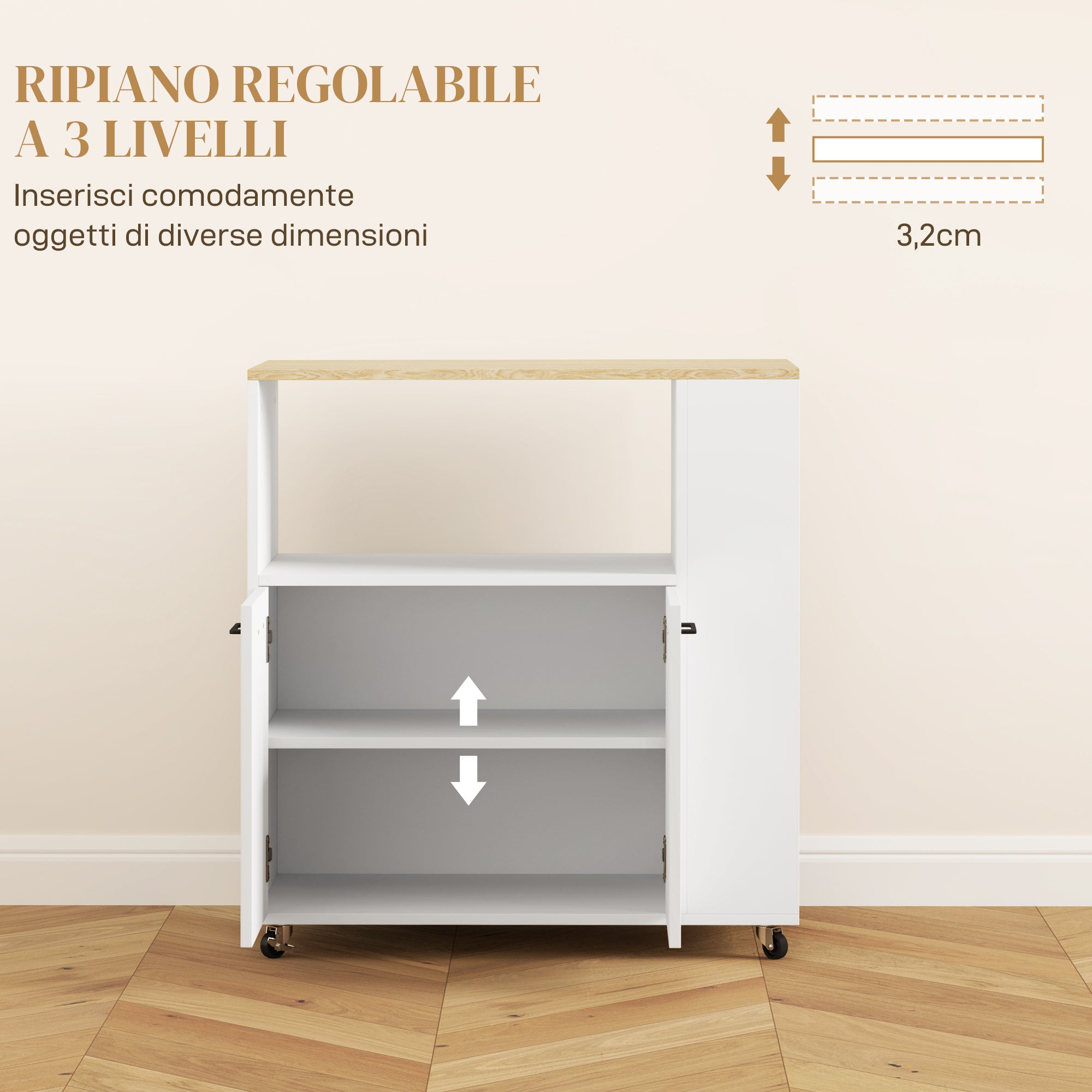 Kitchen Trolley with Open Shelf, 2-Door Cabinet and 2-Tier Side Shelf, Multi-Purpose Trolley with Adjustable Wooden Shelf, 75x40x80.5 cm, White and Oak Color