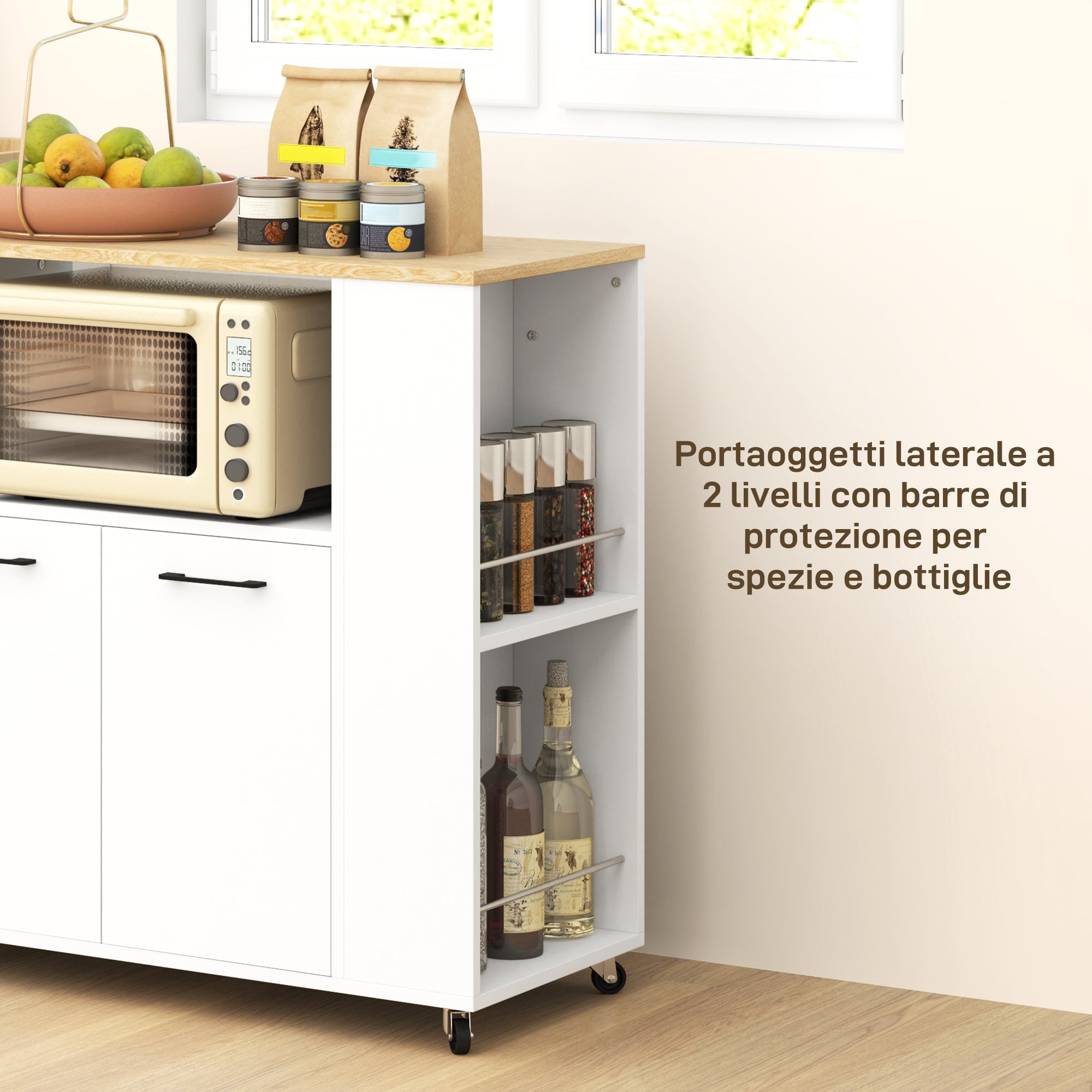 Kitchen Trolley with Open Shelf, 2-Door Cabinet and 2-Tier Side Shelf, Multi-Purpose Trolley with Adjustable Wooden Shelf, 75x40x80.5 cm, White and Oak Color