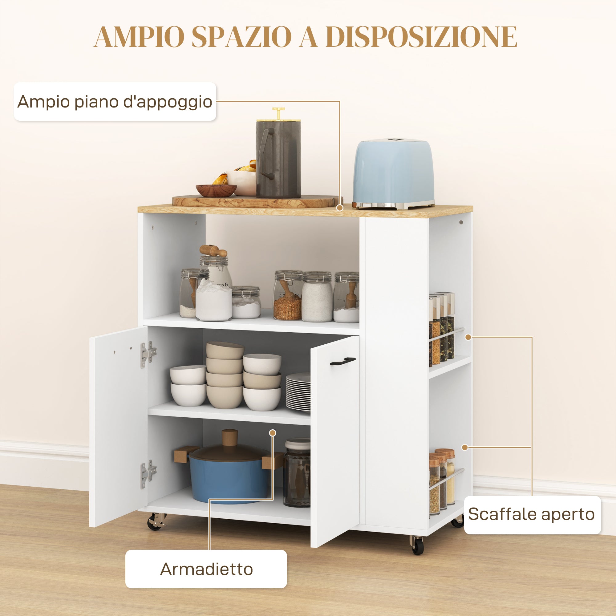 Kitchen Trolley with Open Shelf, 2-Door Cabinet and 2-Tier Side Shelf, Multi-Purpose Trolley with Adjustable Wooden Shelf, 75x40x80.5 cm, White and Oak Color