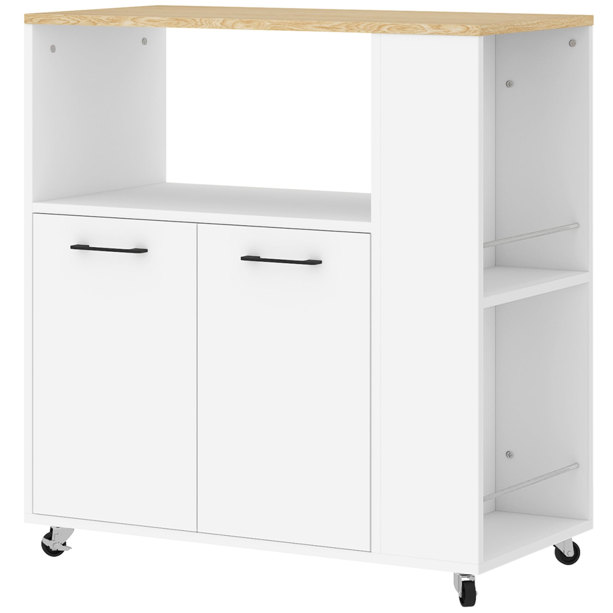 Kitchen Trolley with Open Shelf, 2-Door Cabinet and 2-Tier Side Shelf, Multi-Purpose Trolley with Adjustable Wooden Shelf, 75x40x80.5 cm, White and Oak Color