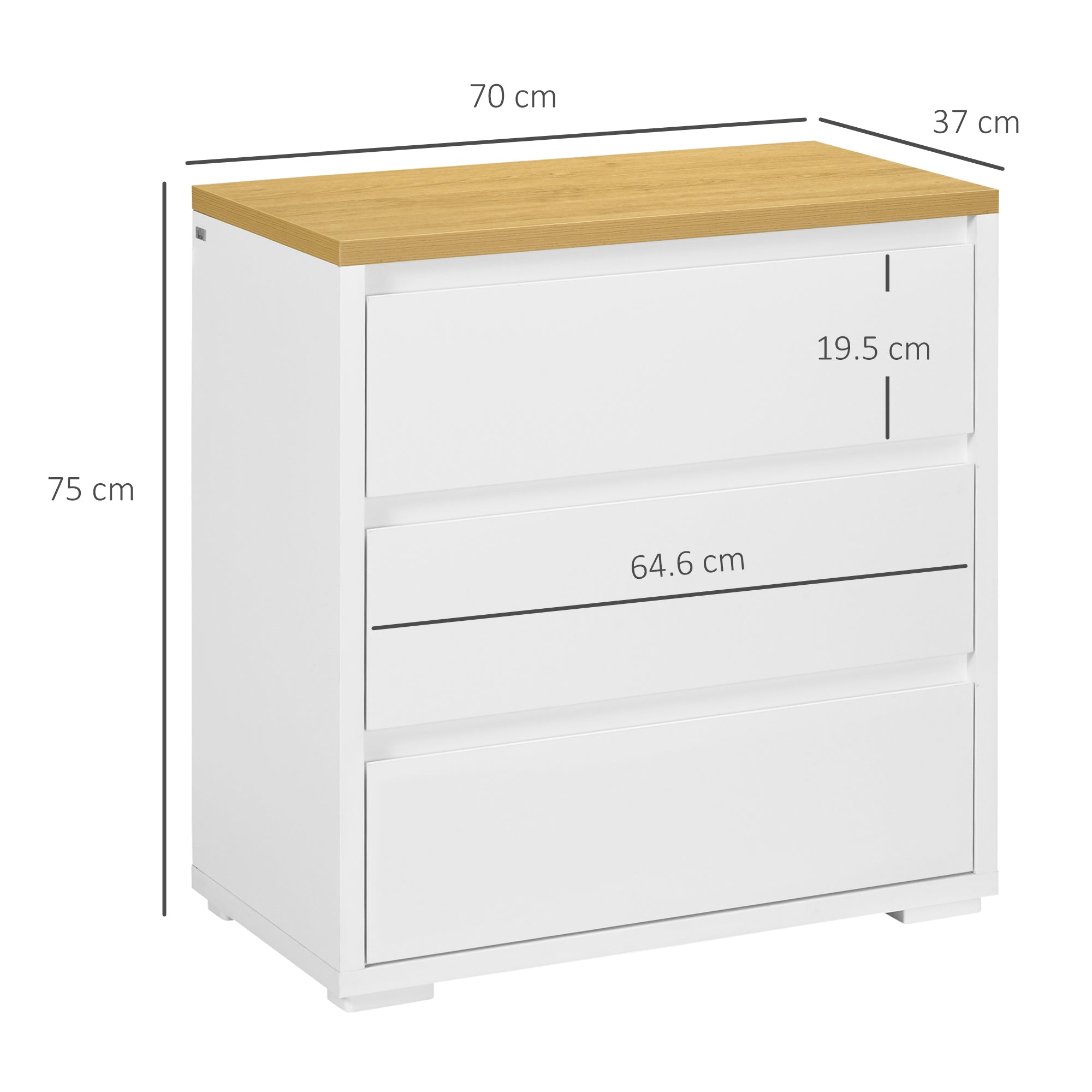 3-Drawer White Particleboard Dresser for Bedroom, Study, and Living Room, 70x37x75cm