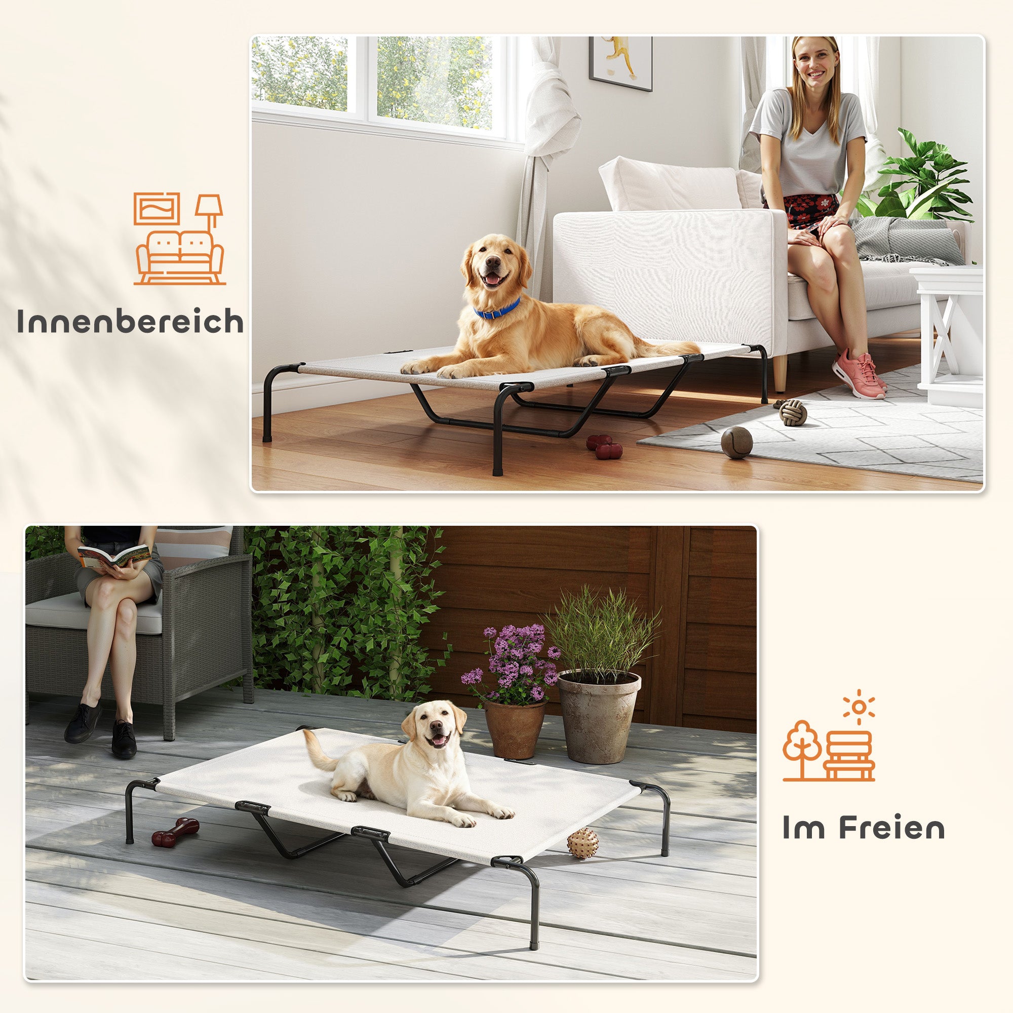Outdoor Dog Lounger — Elevated Bed for Large Dogs, Cooling Pet Cot with Steel Frame and Breathable Mesh, Portable for Outdoors & Camping — 60 x 37 x 9 in (152 x 94 x 23 cm), Beige