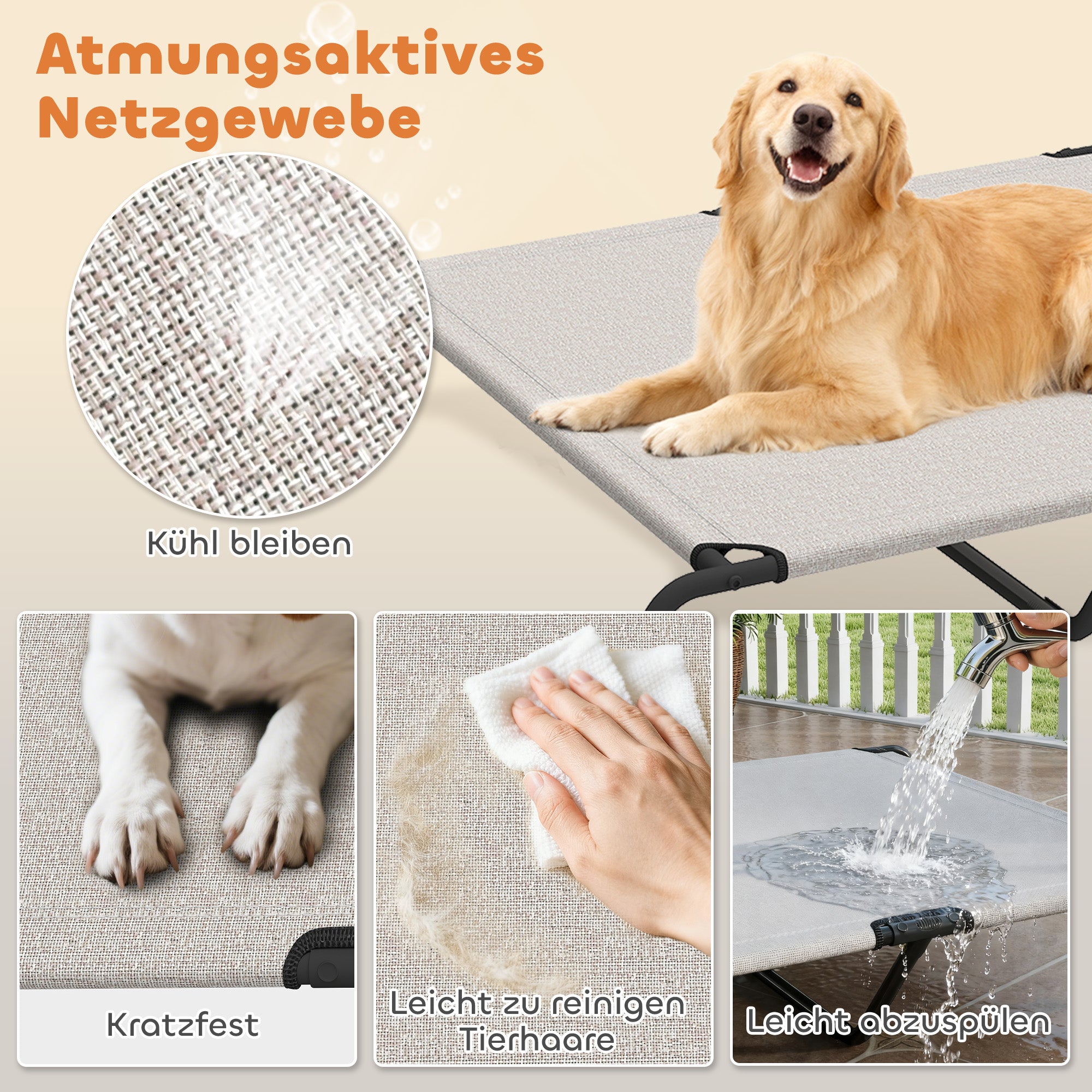 Outdoor Dog Lounger — Elevated Bed for Large Dogs, Cooling Pet Cot with Steel Frame and Breathable Mesh, Portable for Outdoors & Camping — 60 x 37 x 9 in (152 x 94 x 23 cm), Beige