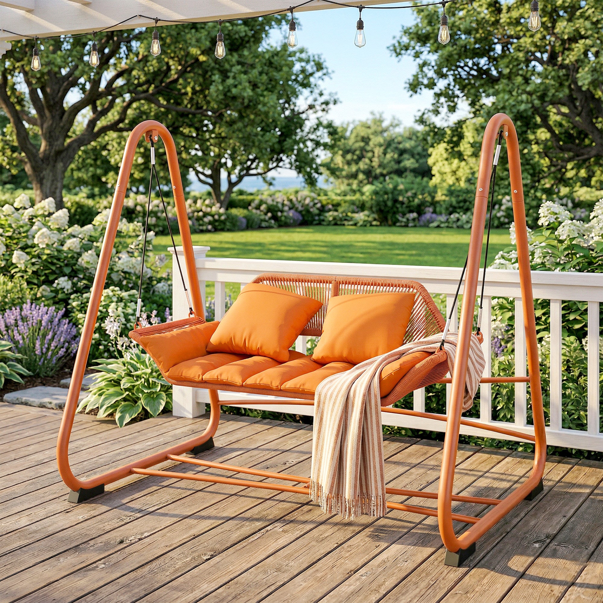 Terracotta 2-Person Hollywood Swing with Cushions — Metal A-Frame Hanging Lounger for Garden, Patio & Balcony (68.5 x 47.2 x 63.8 in)