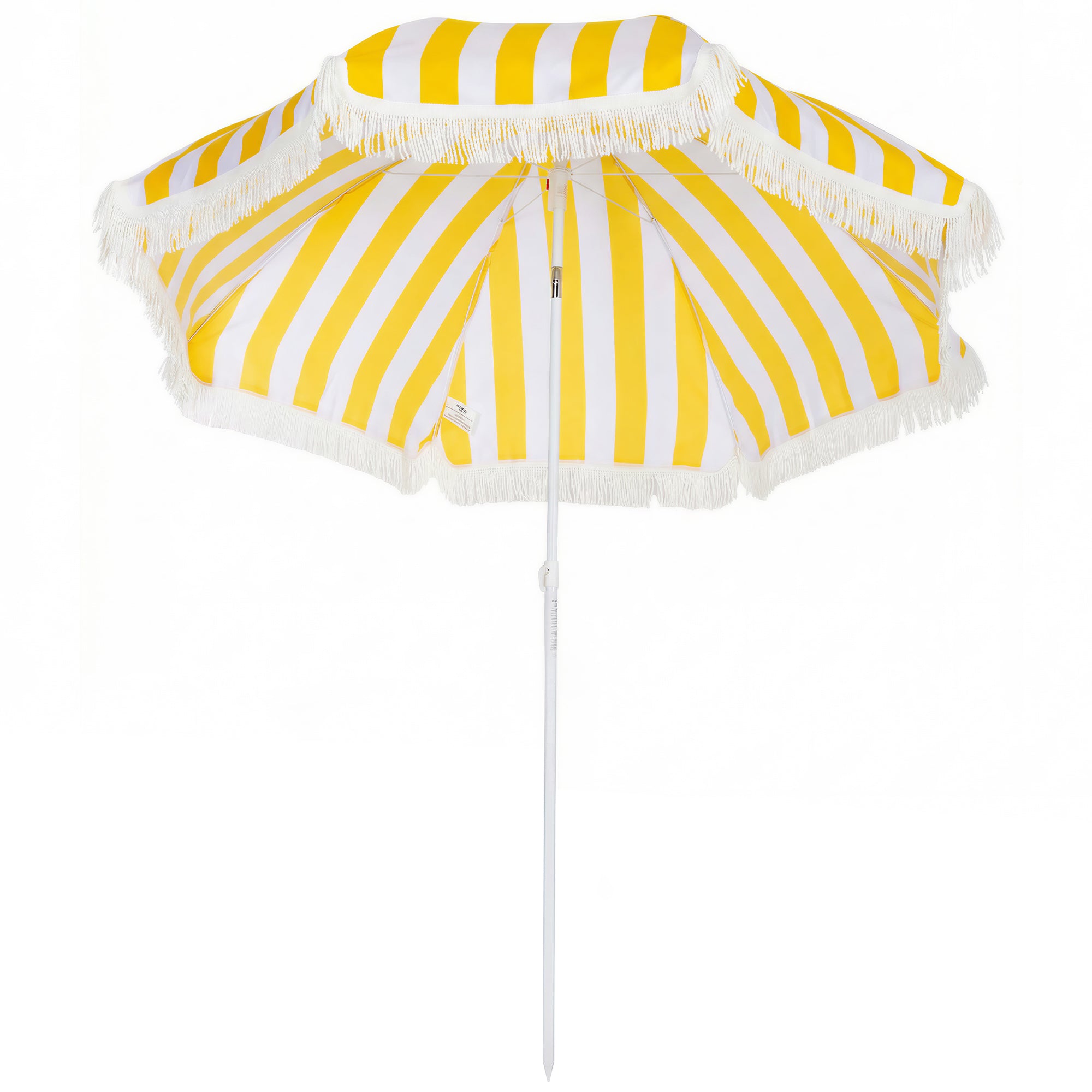 Boho Fringe Beach Umbrella, 71" Canopy, Adjustable Height & 30° Tilt, Sand Anchor and Carry Bag — Yellow & White