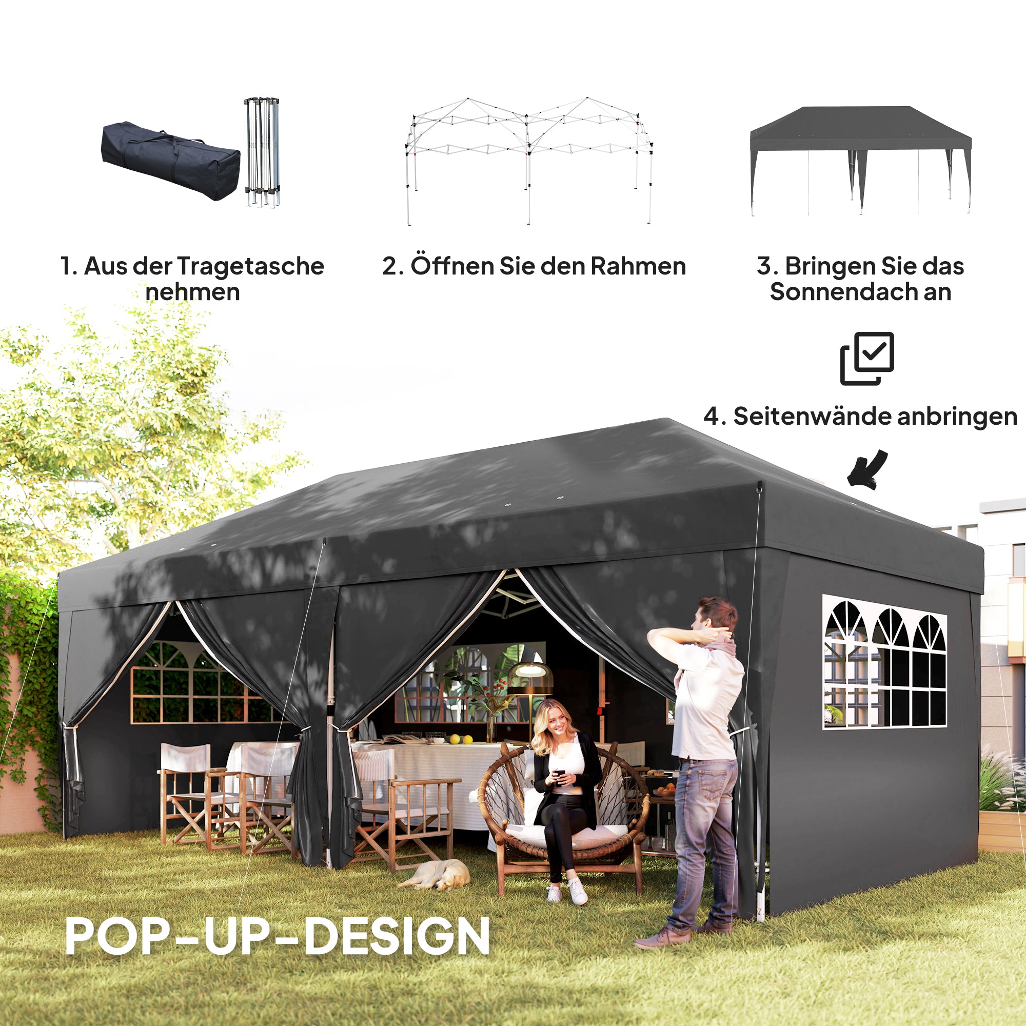 Gazebo approx. 6 x 3 m — Robust, Winter-Resistant Pop-Up Folding Canopy with Windowed Zip Door & Removable Side Panels, UV Protection, Black