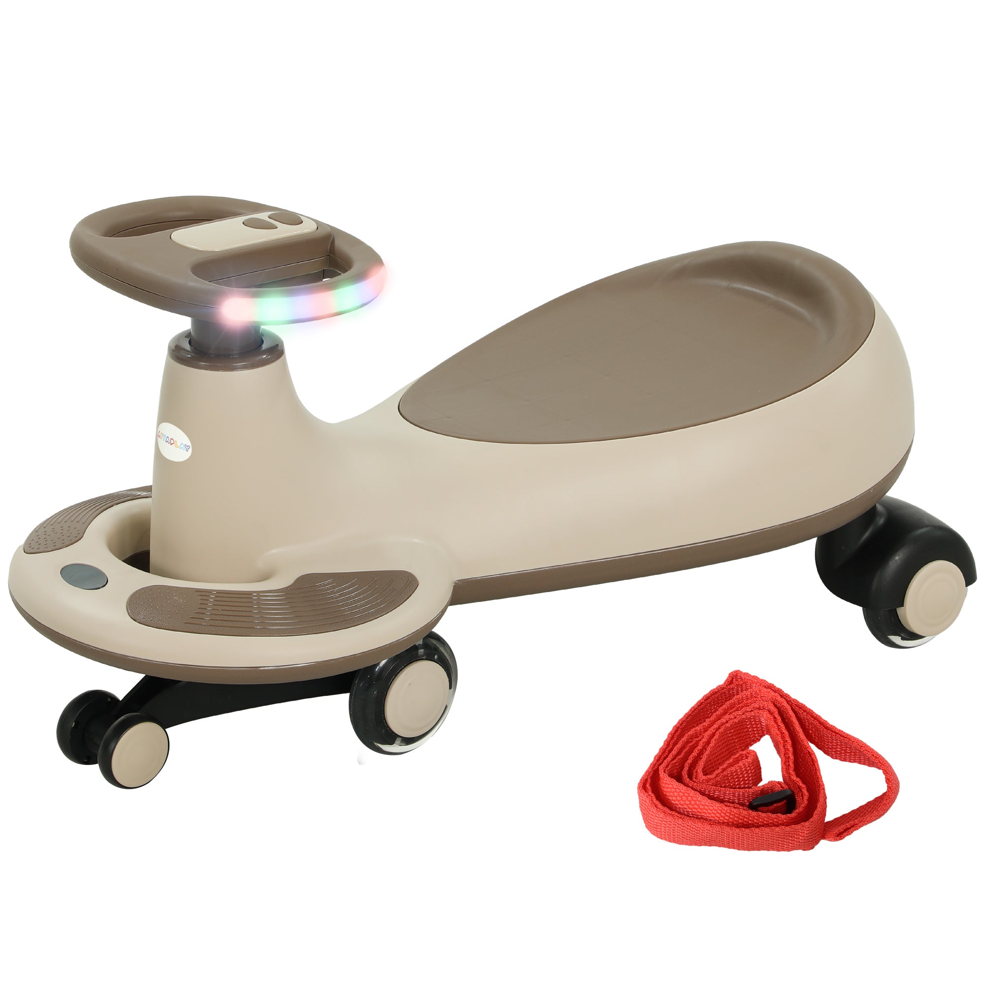 Wiggle Ride-On for Kids 2+ Years Old with Pulling Rope for Parents Music Light and Storage Space 69x31x69 cm Khaki