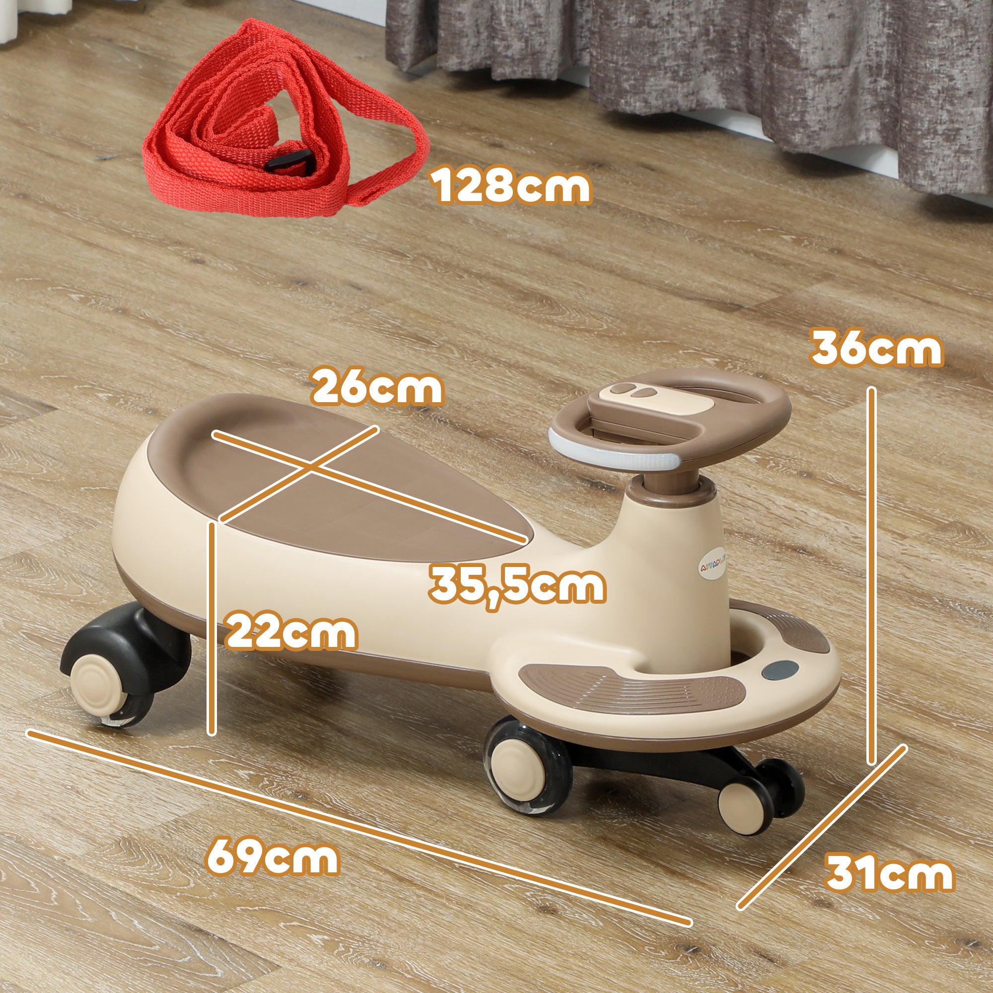 Wiggle Ride-On for Kids 2+ Years Old with Pulling Rope for Parents Music Light and Storage Space 69x31x69 cm Khaki