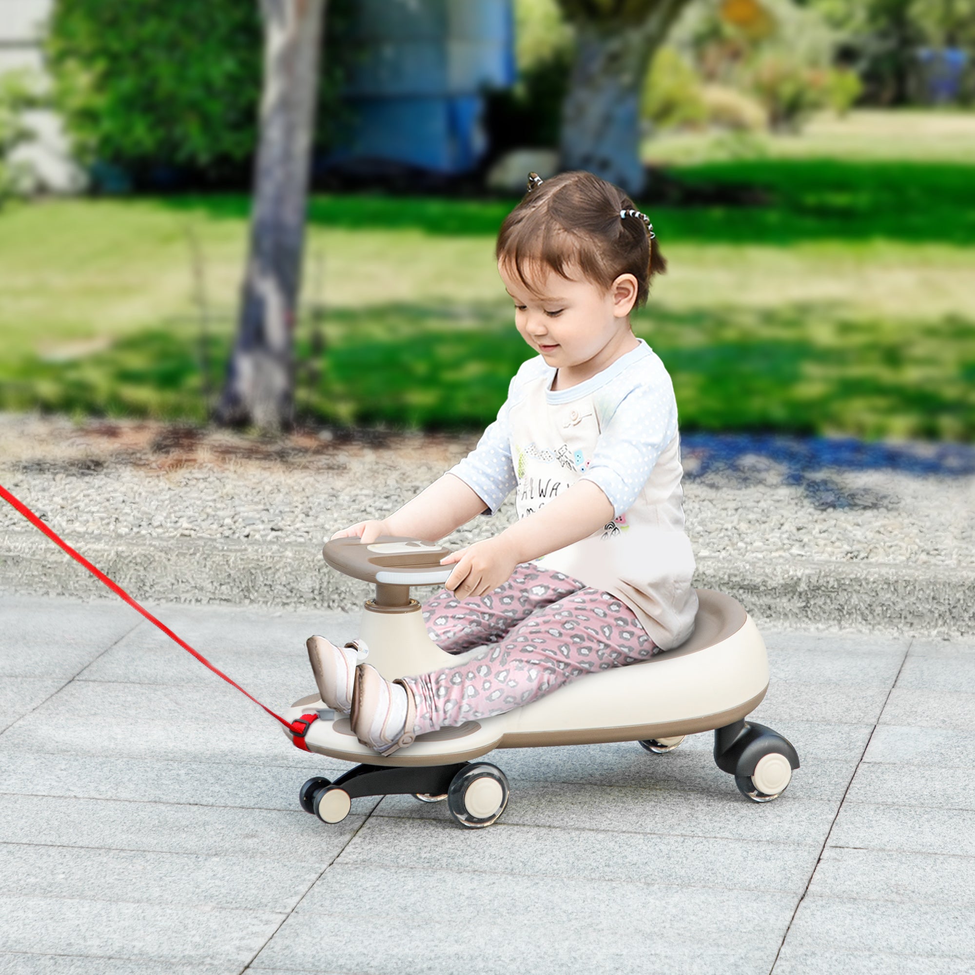 Wiggle Ride-On for Kids 2+ Years Old with Pulling Rope for Parents Music Light and Storage Space 69x31x69 cm Khaki