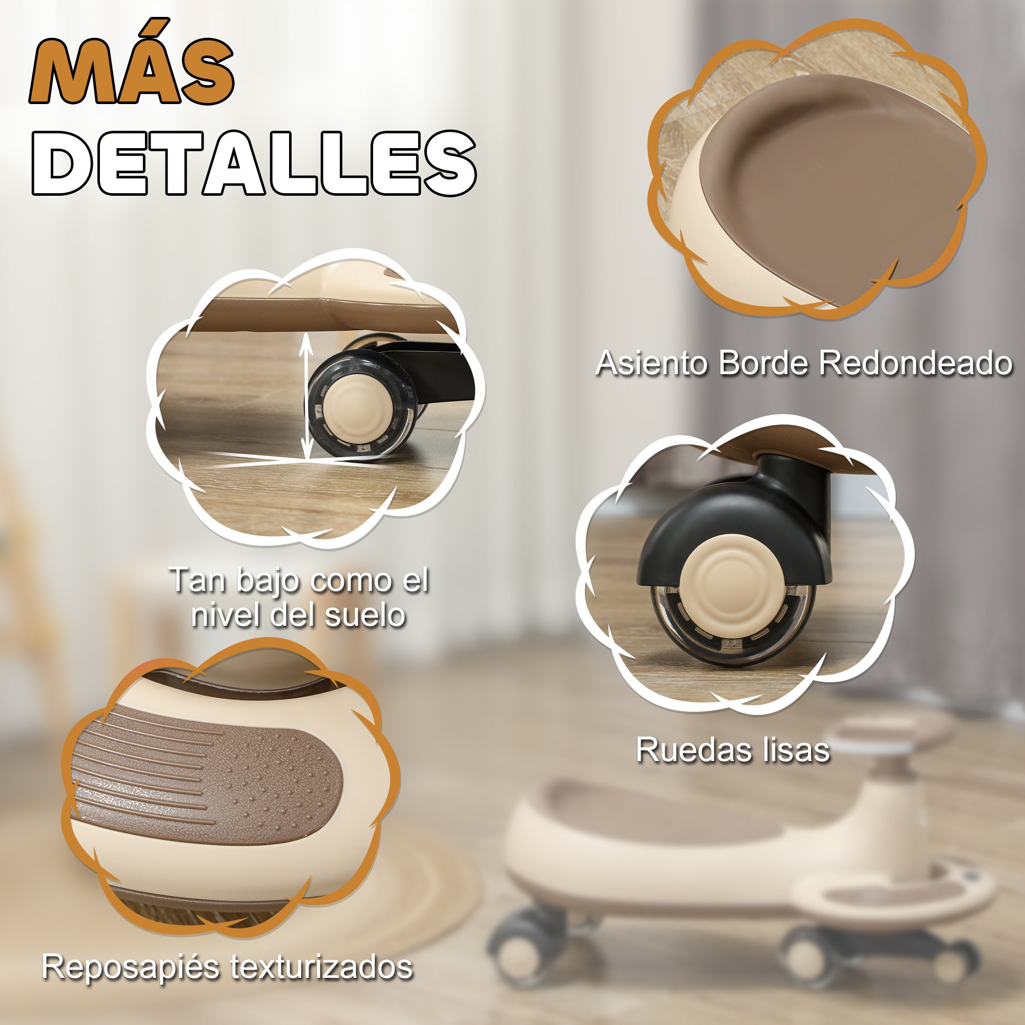 Wiggle Ride-On for Kids 2+ Years Old with Pulling Rope for Parents Music Light and Storage Space 69x31x69 cm Khaki