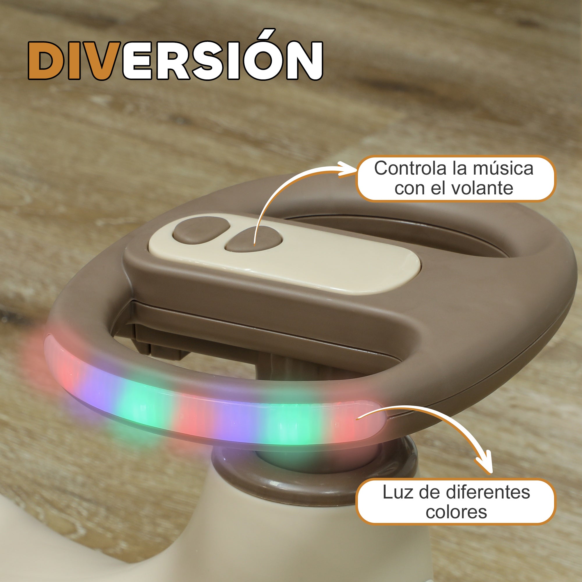 Wiggle Ride-On for Kids 2+ Years Old with Pulling Rope for Parents Music Light and Storage Space 69x31x69 cm Khaki