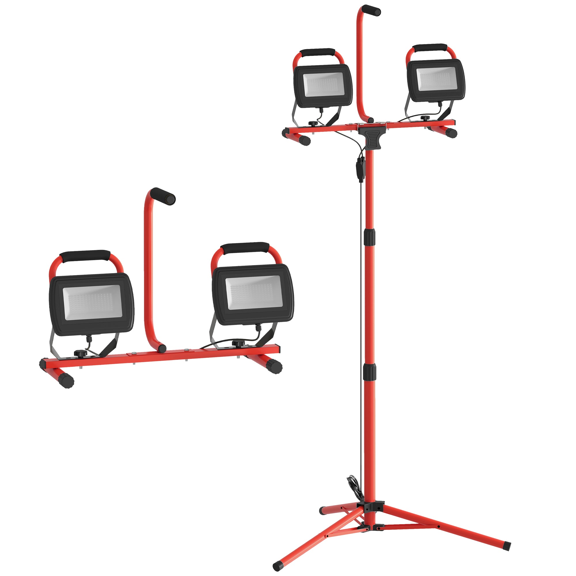 Aluminum Double LED Spotlight with Foldable Tripod 8500 Lumens IP65 6500K and Adjustable Heads for Indoor and Outdoor Work Red and Black