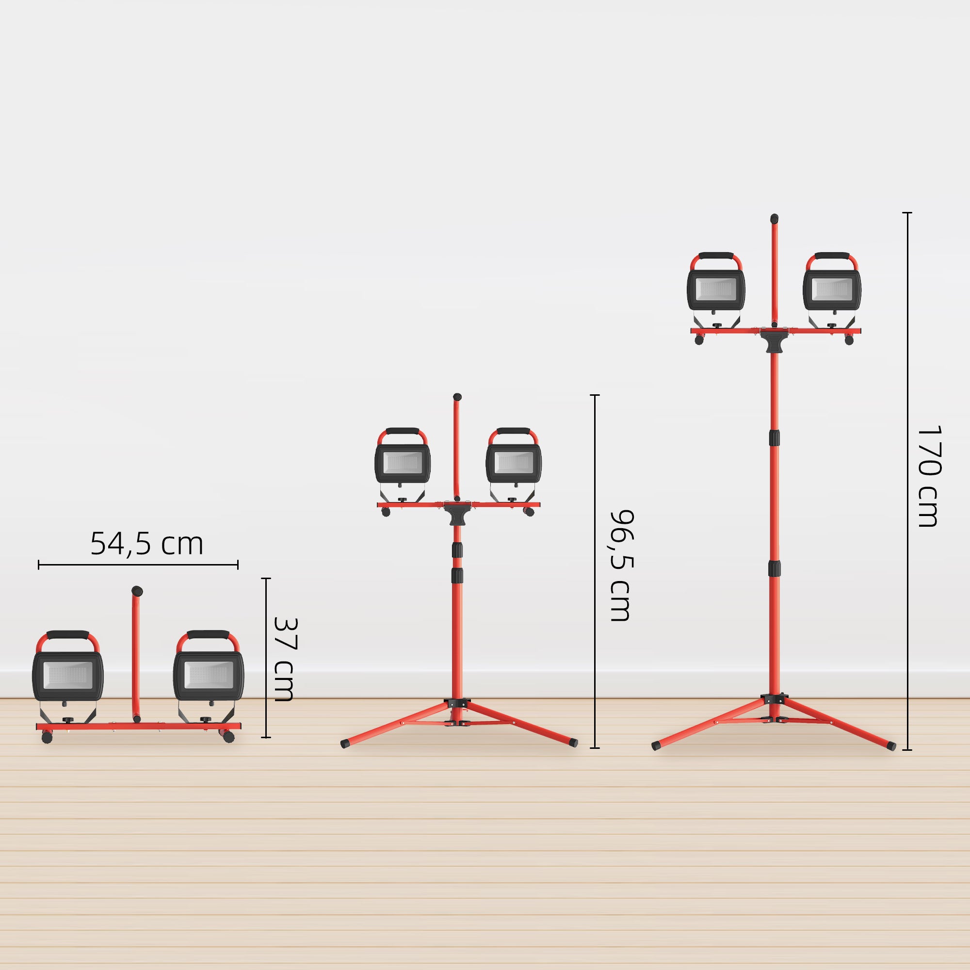 Aluminum Double LED Spotlight with Foldable Tripod 8500 Lumens IP65 6500K and Adjustable Heads for Indoor and Outdoor Work Red and Black