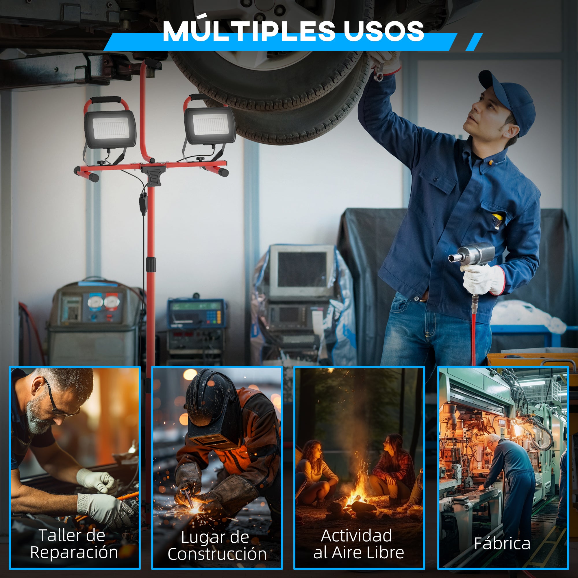 Aluminum Double LED Spotlight with Foldable Tripod 8500 Lumens IP65 6500K and Adjustable Heads for Indoor and Outdoor Work Red and Black