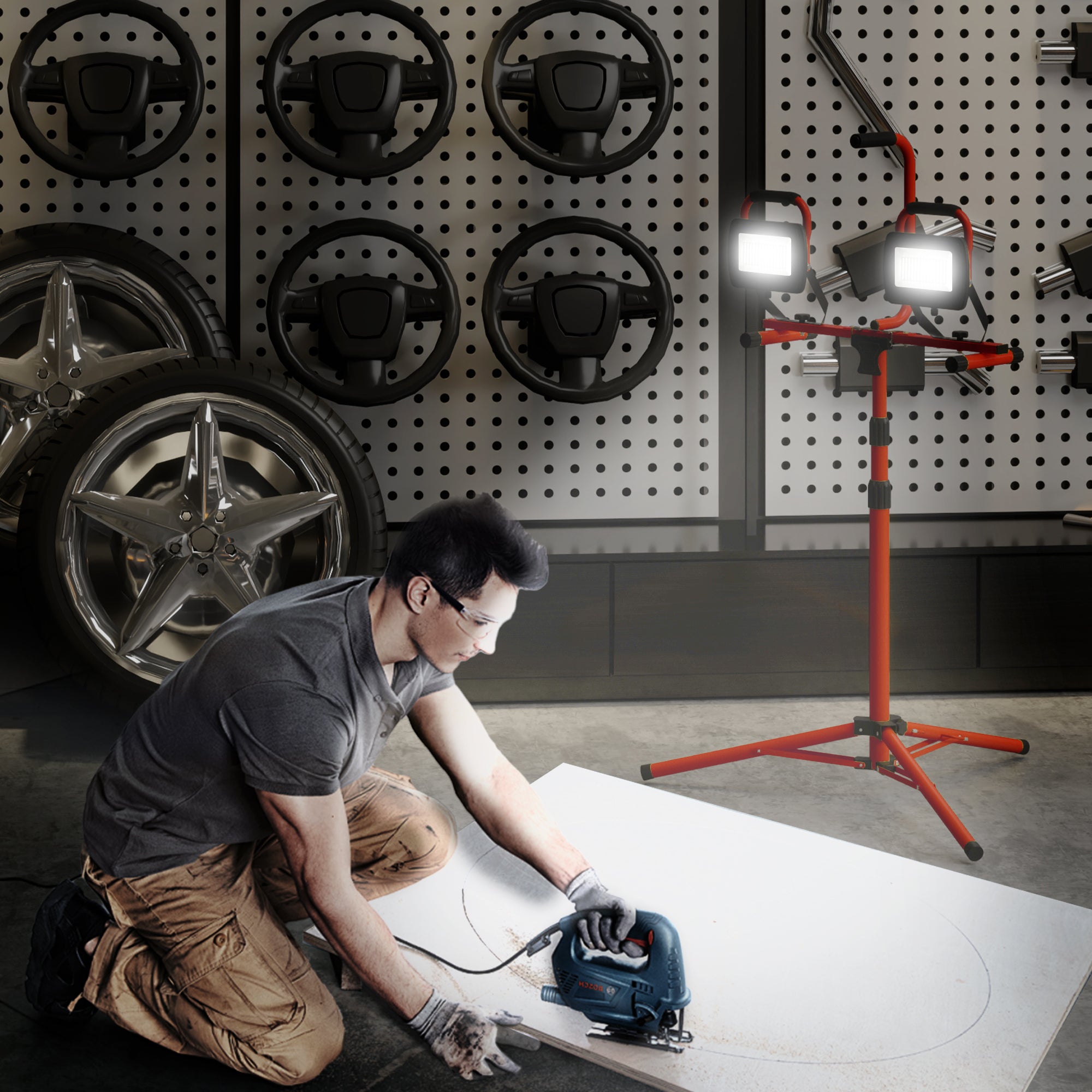 Aluminum Double LED Spotlight with Foldable Tripod 8500 Lumens IP65 6500K and Adjustable Heads for Indoor and Outdoor Work Red and Black