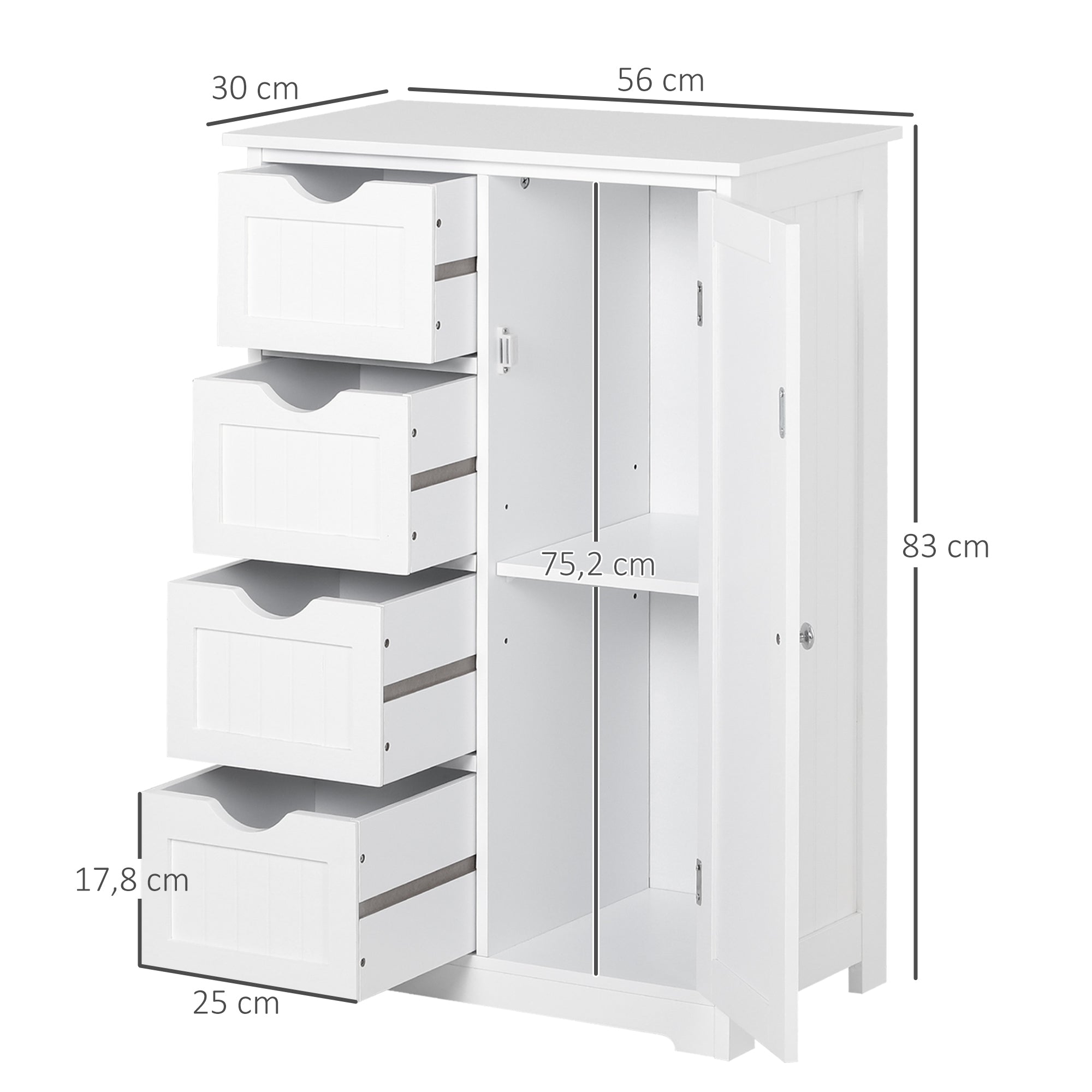 Bathroom Auxiliary Cabinet with Door 4 Drawers and Adjustable Shelf for Kitchen Living Room 56x30x83 cm White