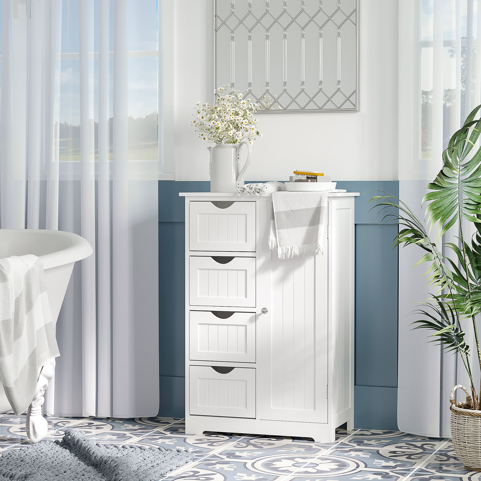 Bathroom Auxiliary Cabinet with Door 4 Drawers and Adjustable Shelf for Kitchen Living Room 56x30x83 cm White