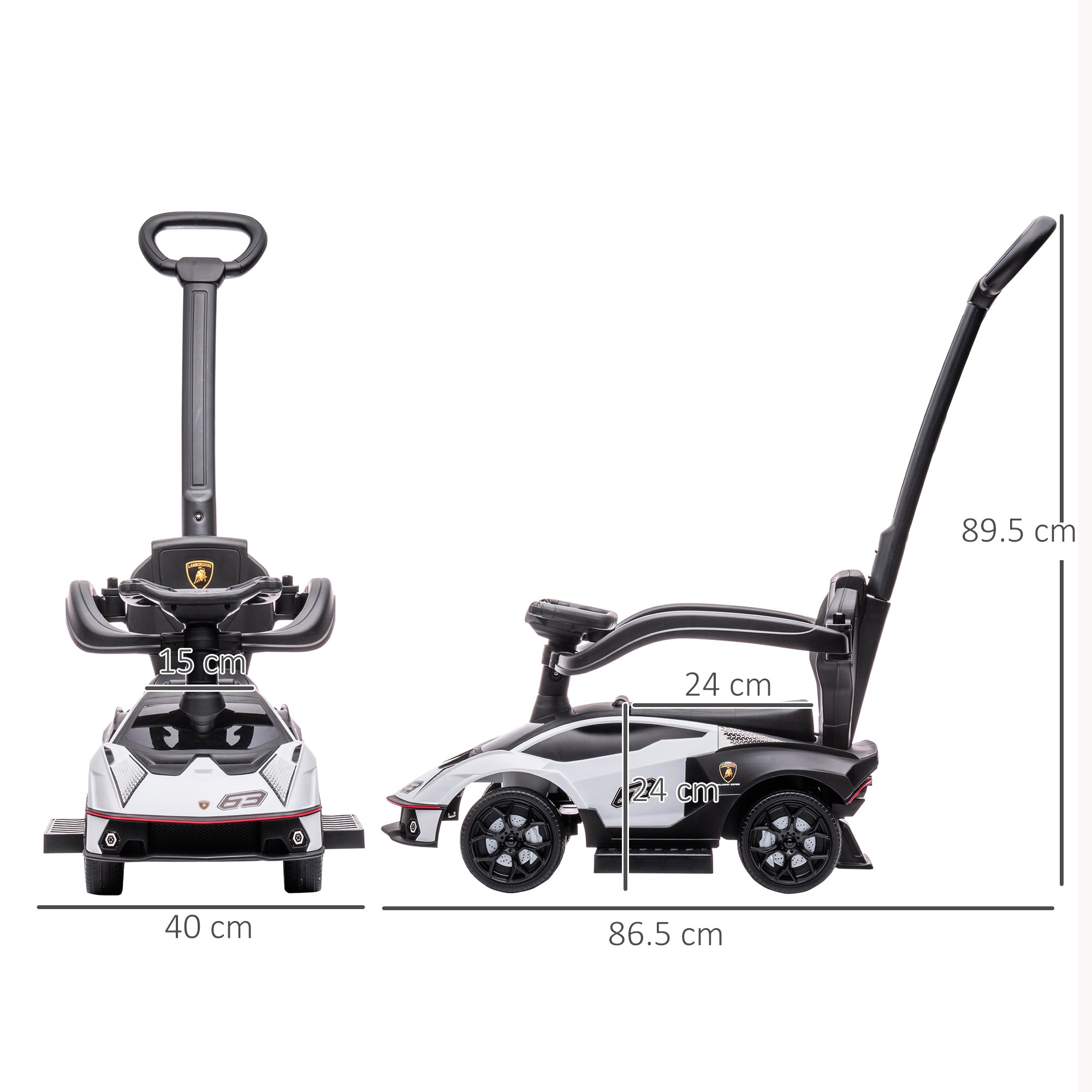 2 in 1 Lamborghini Essenza SCV12 Push Along Car for Kids 12-36 Months Walker Pusher with Horn Removable Push Handle and Safety Guardrail 86.5x40x89.5 cm White and Black