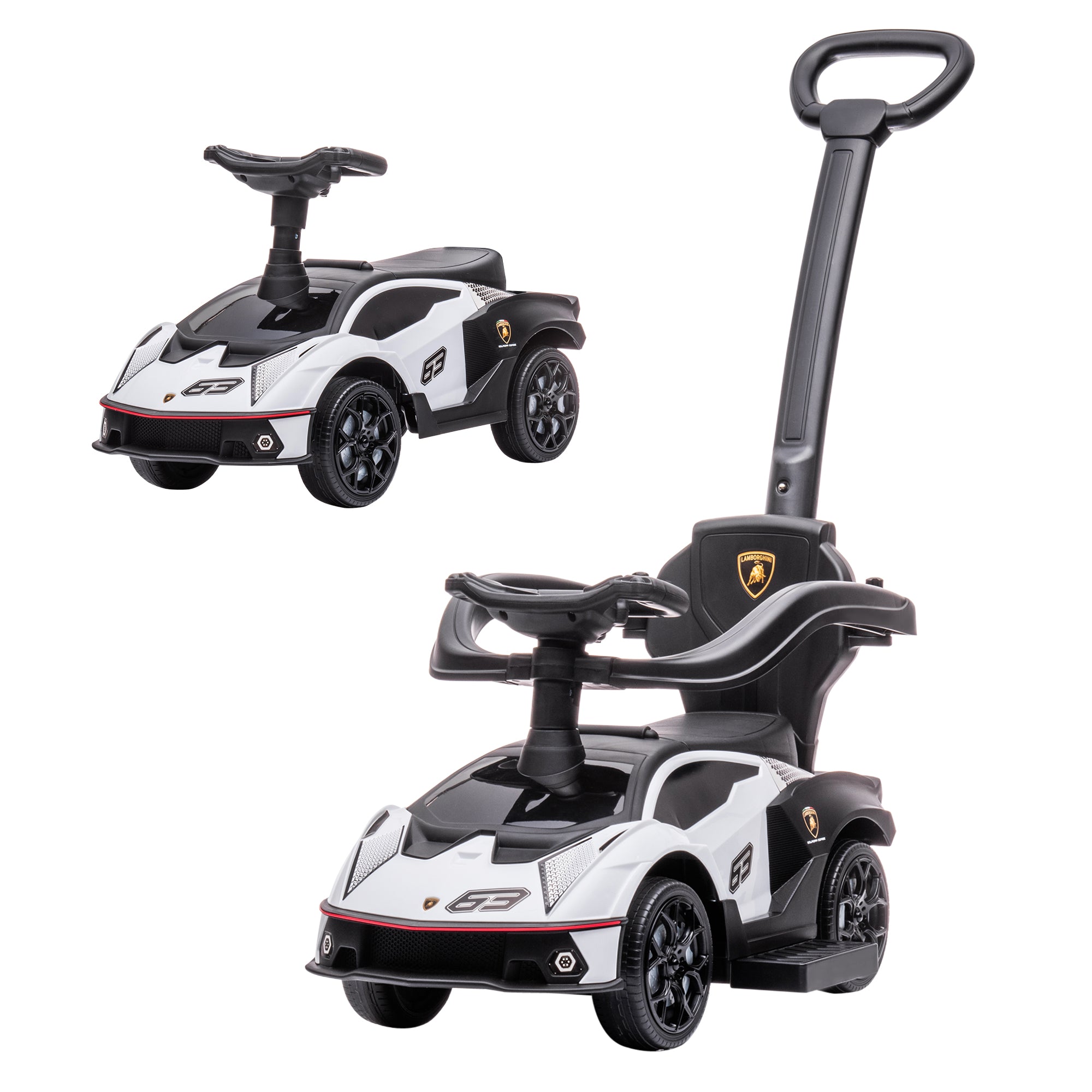 2 in 1 Lamborghini Essenza SCV12 Push Along Car for Kids 12-36 Months Walker Pusher with Horn Removable Push Handle and Safety Guardrail 86.5x40x89.5 cm White and Black