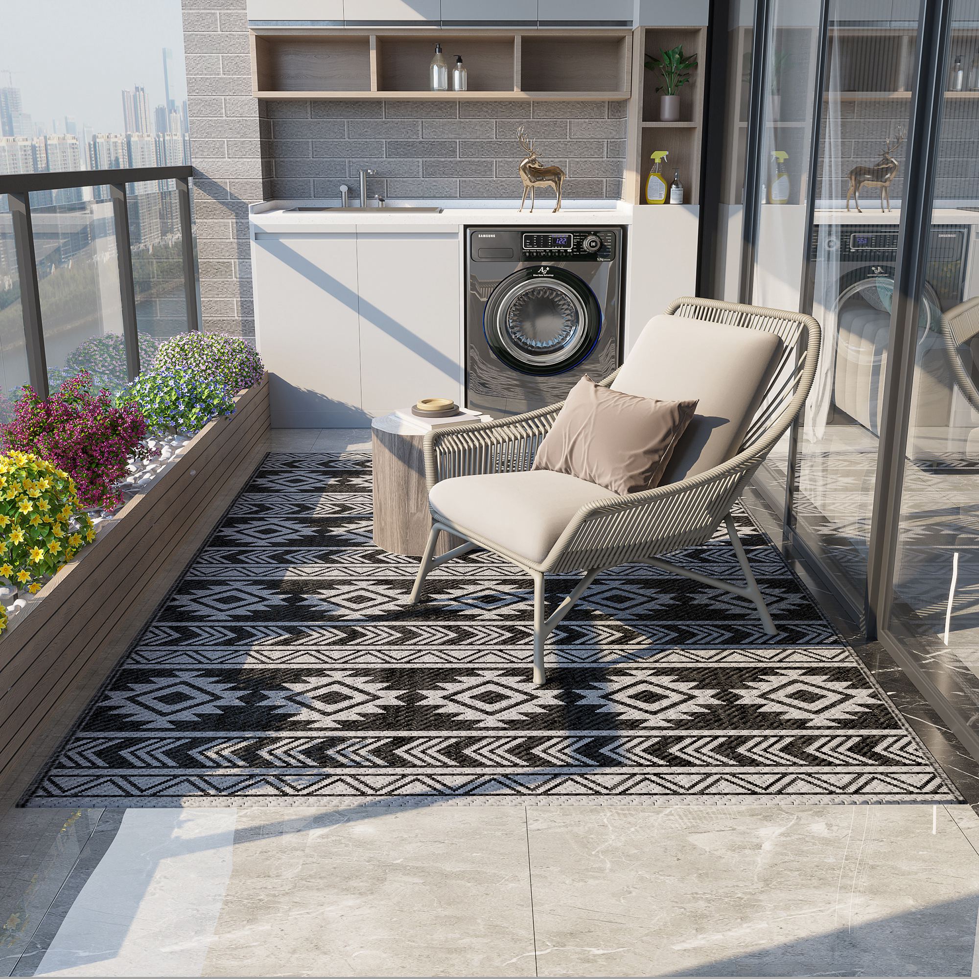 Outdoor Rug Durable Weatherproof Indoor-Outdoor Rug with Geometric Design, Flat Weave Outdoor Rug for Balcony Garden Patio Bathroom Hallway Kitchen 182 x 274 cm Black+Gray