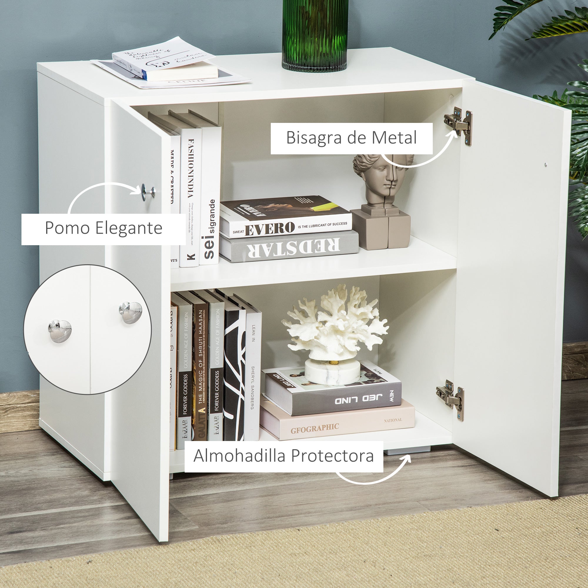 Living Room Sideboard with 2 Doors Auxiliary Cabinet with 2 Shelves for Books Clothes Toys Modern Style 70x39x70 cm White