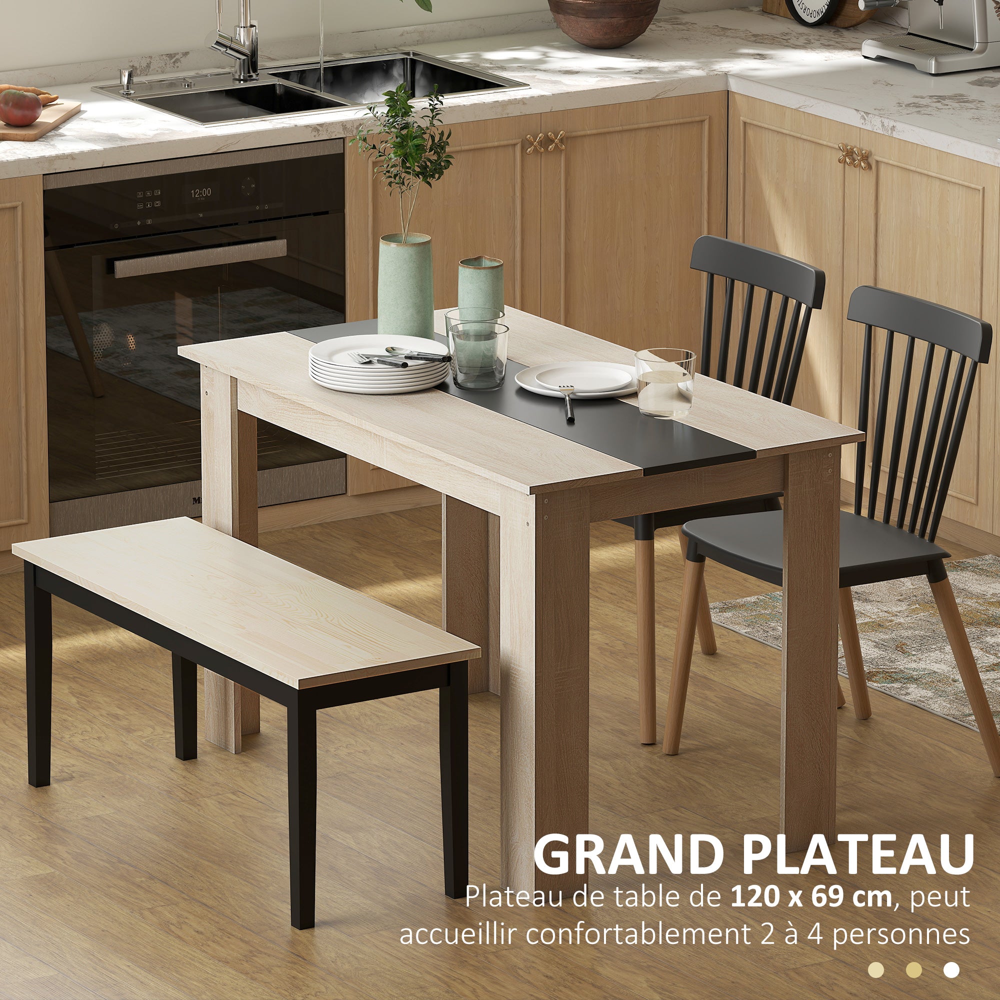 Modern Design Dining Table with Large Tabletop for 2-4 People in Particle Board 120L x 69W x 75H cm Black and Natural