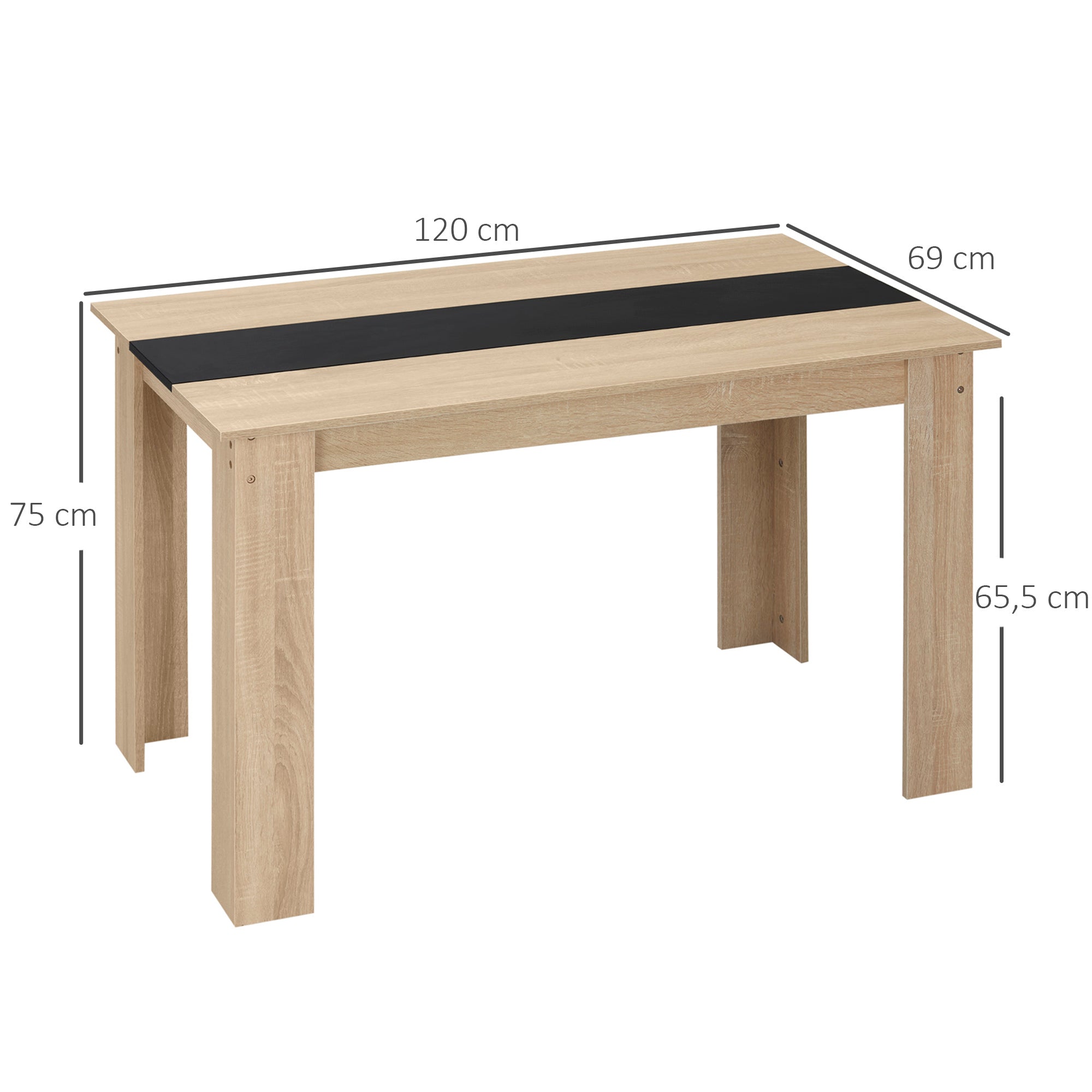Modern Design Dining Table with Large Tabletop for 2-4 People in Particle Board 120L x 69W x 75H cm Black and Natural