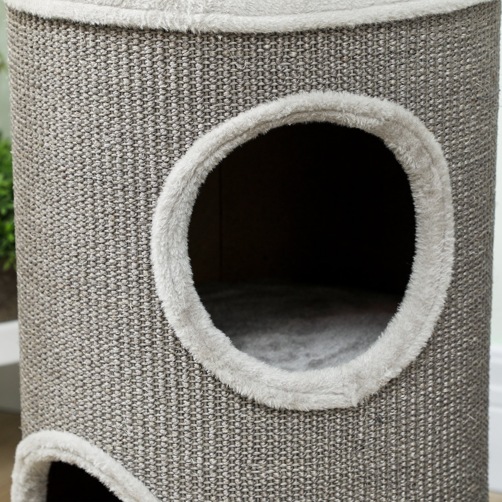 Barrel Cat Scratcher, 60 cm H x 35 cm Ø – Two-Level Cat Tower with 2 Hideouts, Plush-Edged Scratcher for 1–2 Cats up to 5 kg, Light Gray