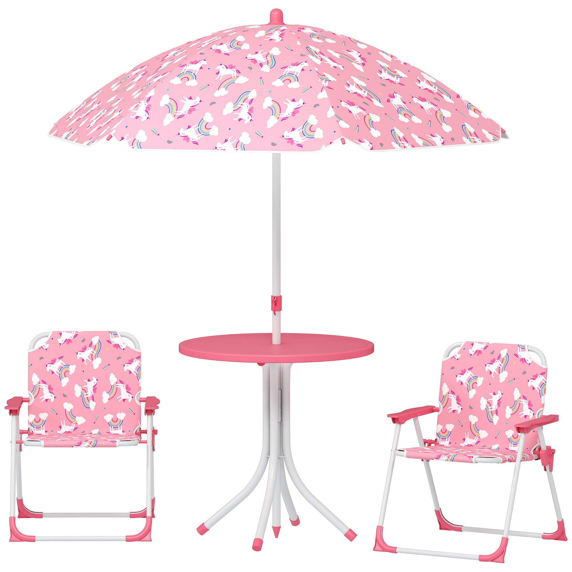 4-Piece Kids Garden Table & Chairs Set — Folding Chairs, Removable Umbrella, Unicorn & Rainbow, Pink