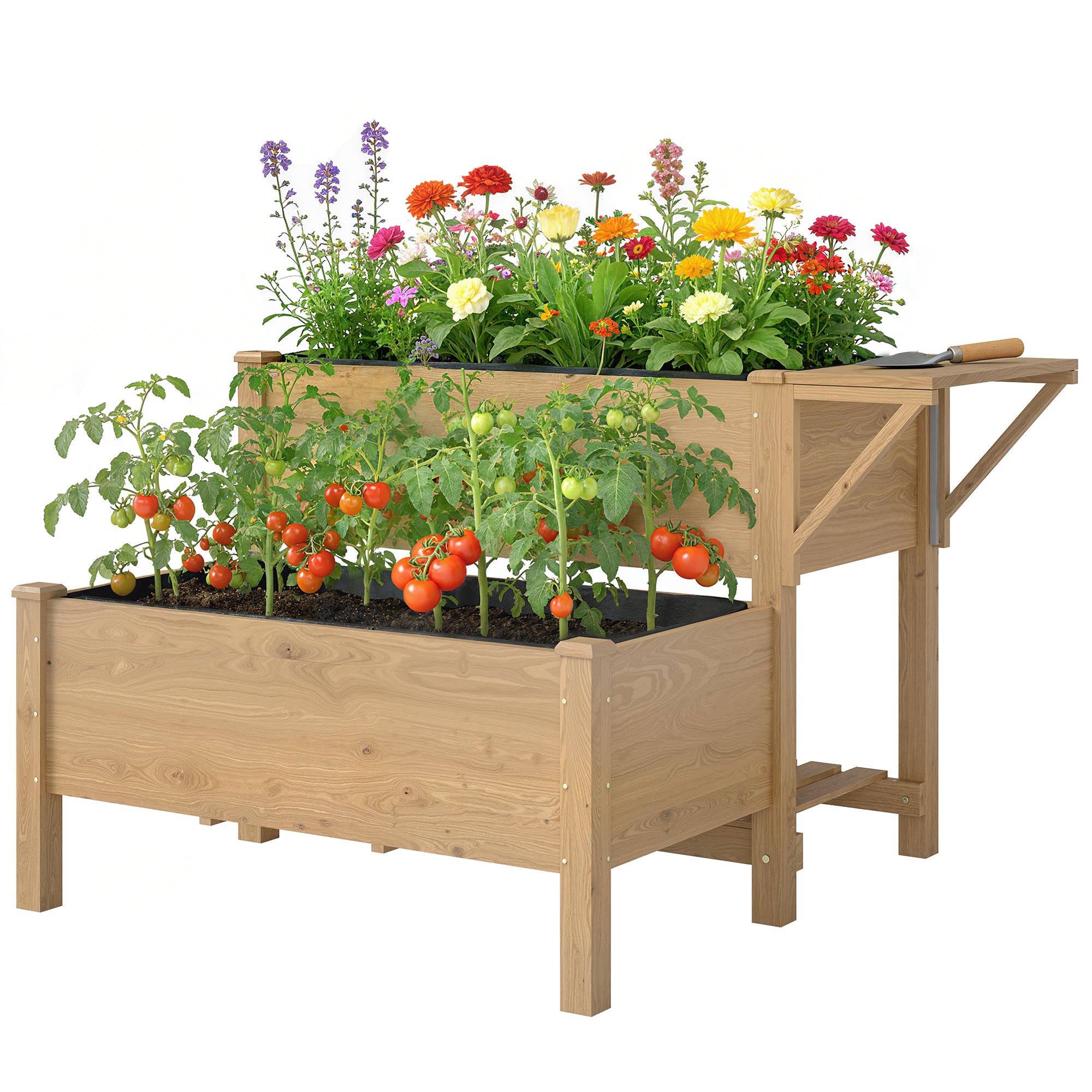 2-Tier Elevated Planter with Fabric Liner, Drainage Holes & Side Shelf, Pine Raised Garden Bed for Garden & Balcony — 119.5 x 102 x 76.5 cm (47.0 x 40.2 x 30.1 in) — Light Brown