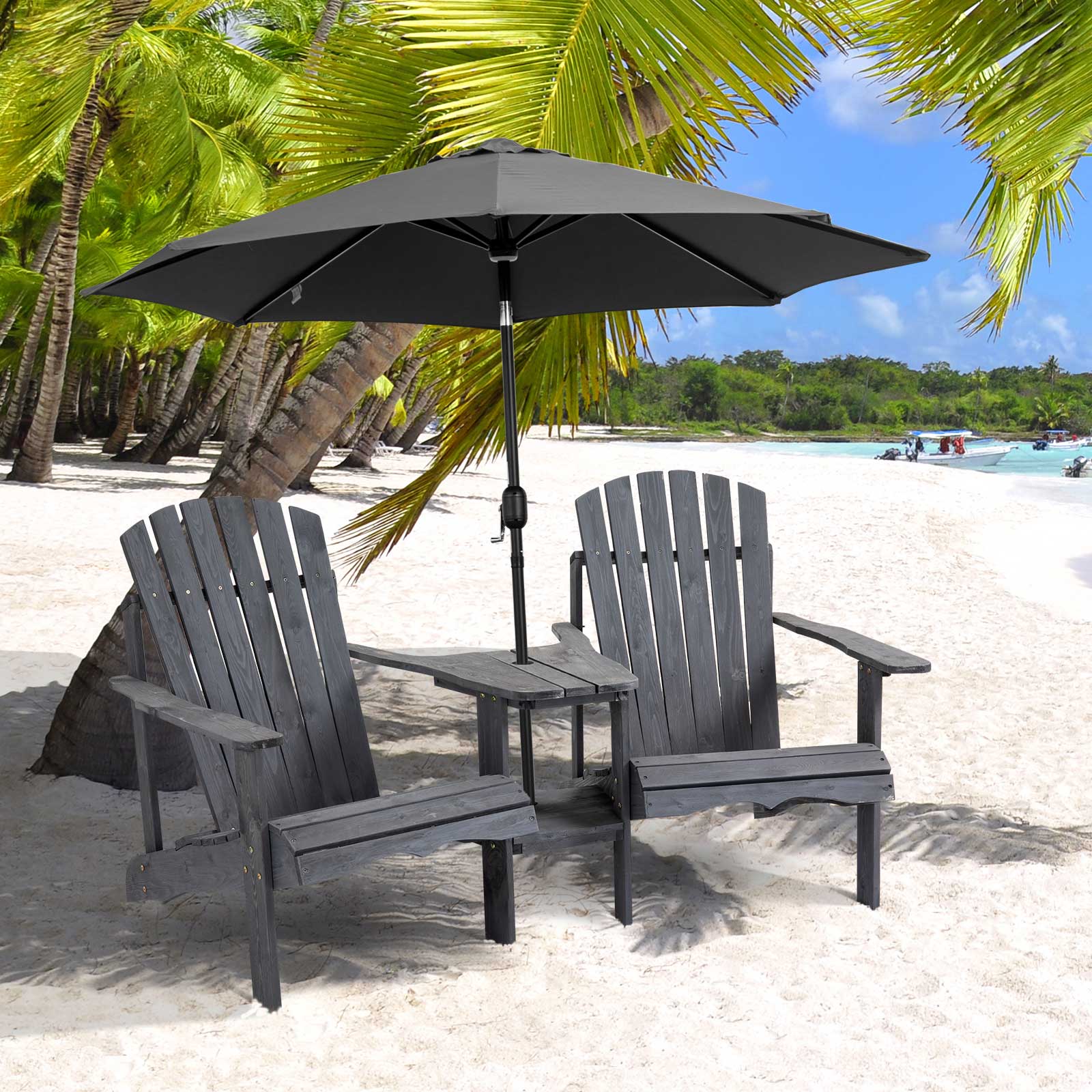 Adirondack Garden Chair with Table and Umbrella Hole 2 Seater Garden Armchair Seat group Garden Furniture for Balcony Solid Wood Dark Grey 170 x 87 x 92 cm