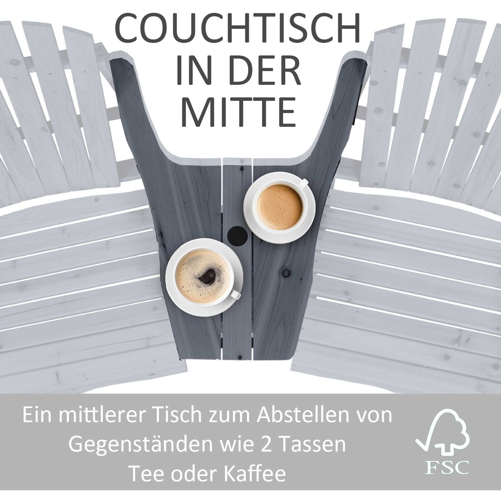 Adirondack Garden Chair with Table and Umbrella Hole 2 Seater Garden Armchair Seat group Garden Furniture for Balcony Solid Wood Dark Grey 170 x 87 x 92 cm
