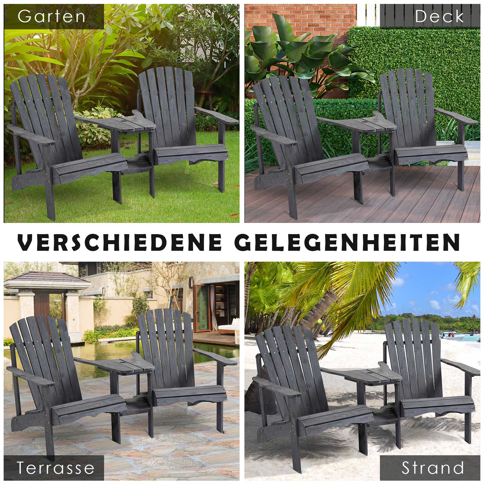 Adirondack Garden Chair with Table and Umbrella Hole 2 Seater Garden Armchair Seat group Garden Furniture for Balcony Solid Wood Dark Grey 170 x 87 x 92 cm