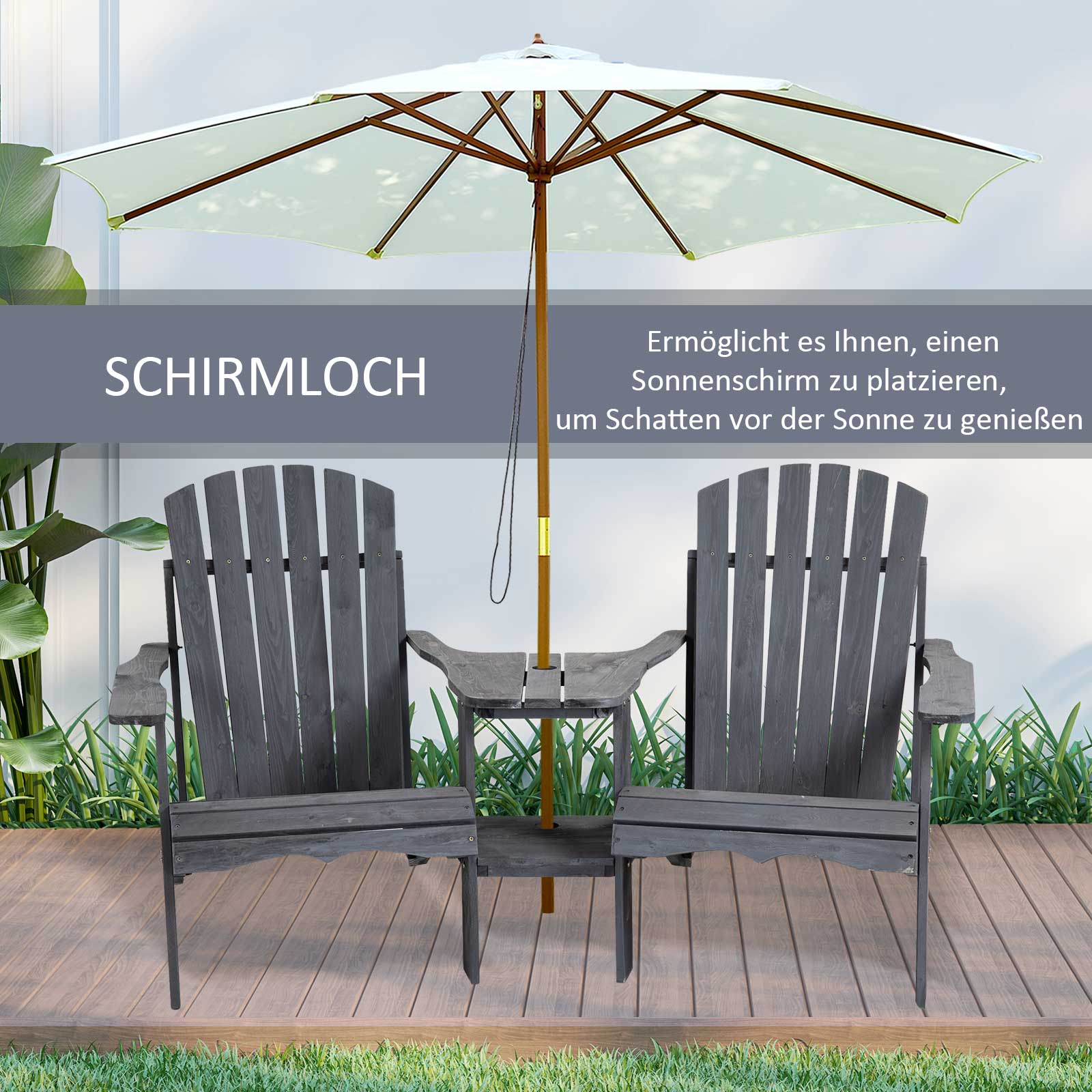 Adirondack Garden Chair with Table and Umbrella Hole 2 Seater Garden Armchair Seat group Garden Furniture for Balcony Solid Wood Dark Grey 170 x 87 x 92 cm