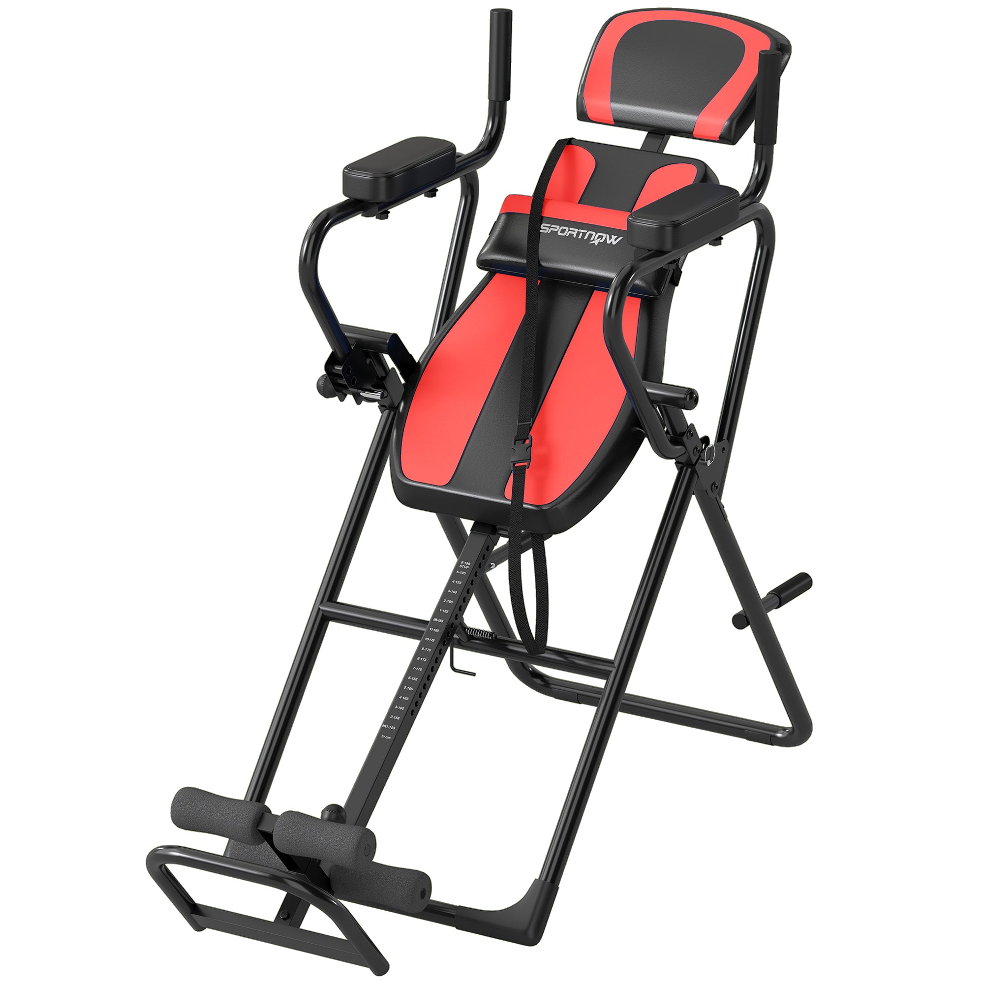 SPORTNOW 3-in-1 Foldable Inversion Table with Adjustable Headrest (61–78 in), Pull-Up & Push-Up Bars, 20°/40°/60° Angles, Lumbar Support, Ankle Lock — Red