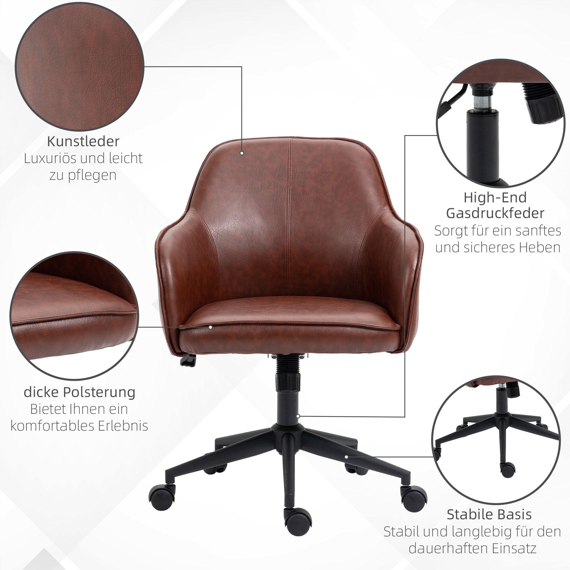 Office Chair with Tilt Function, Casters, Faux Leather Desk Chair, 83-91 cm Height Adjustable Swivel Chair for Living Room, Up to 120 kg Load Capacity, Brown