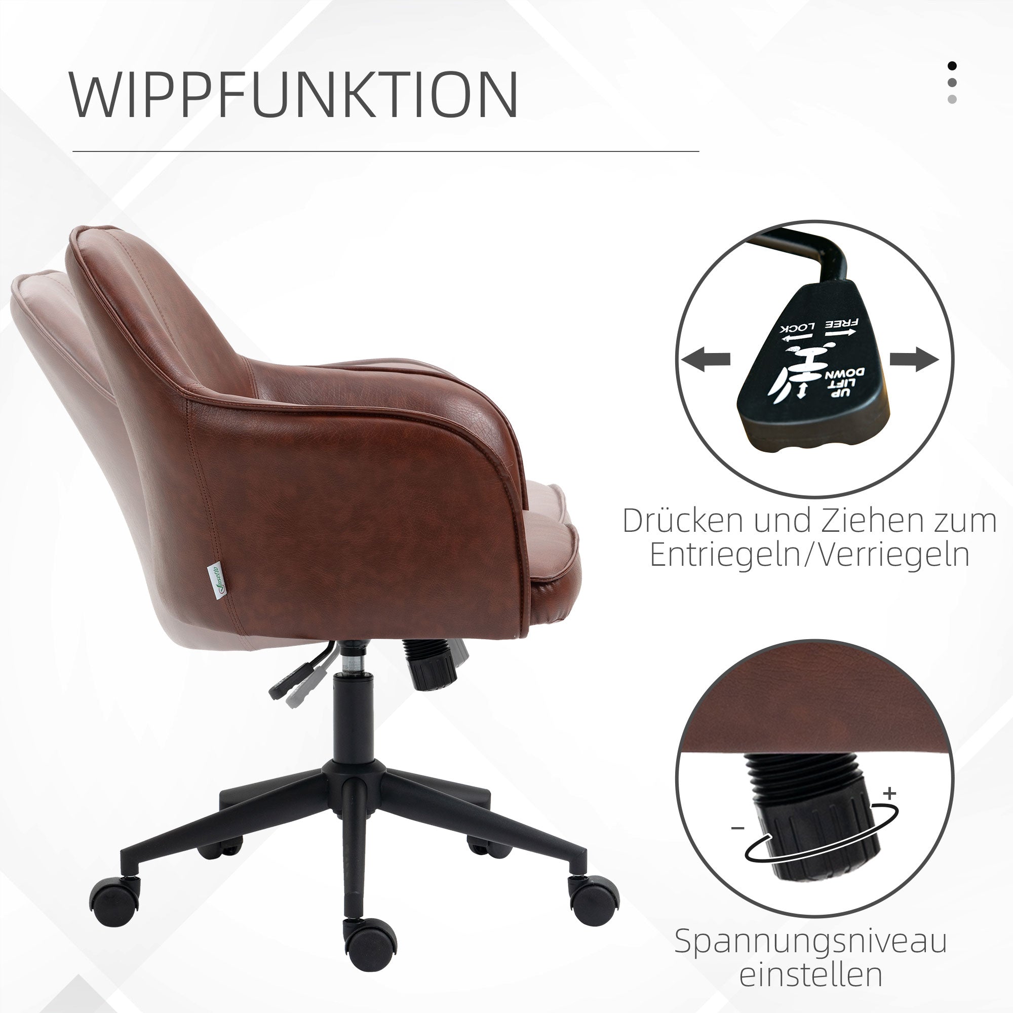 Office Chair with Tilt Function, Casters, Faux Leather Desk Chair, 83-91 cm Height Adjustable Swivel Chair for Living Room, Up to 120 kg Load Capacity, Brown