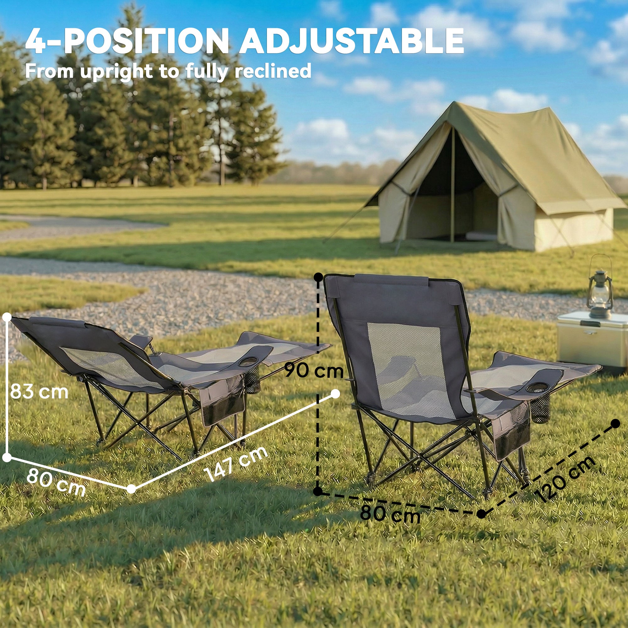 2-Pack Folding Camping Chairs, Adjustable Backrest, Footrest, Cup Holder & Headrest, Garden & Beach Chairs for Adults, Folding Recliners, Up to 265 lb