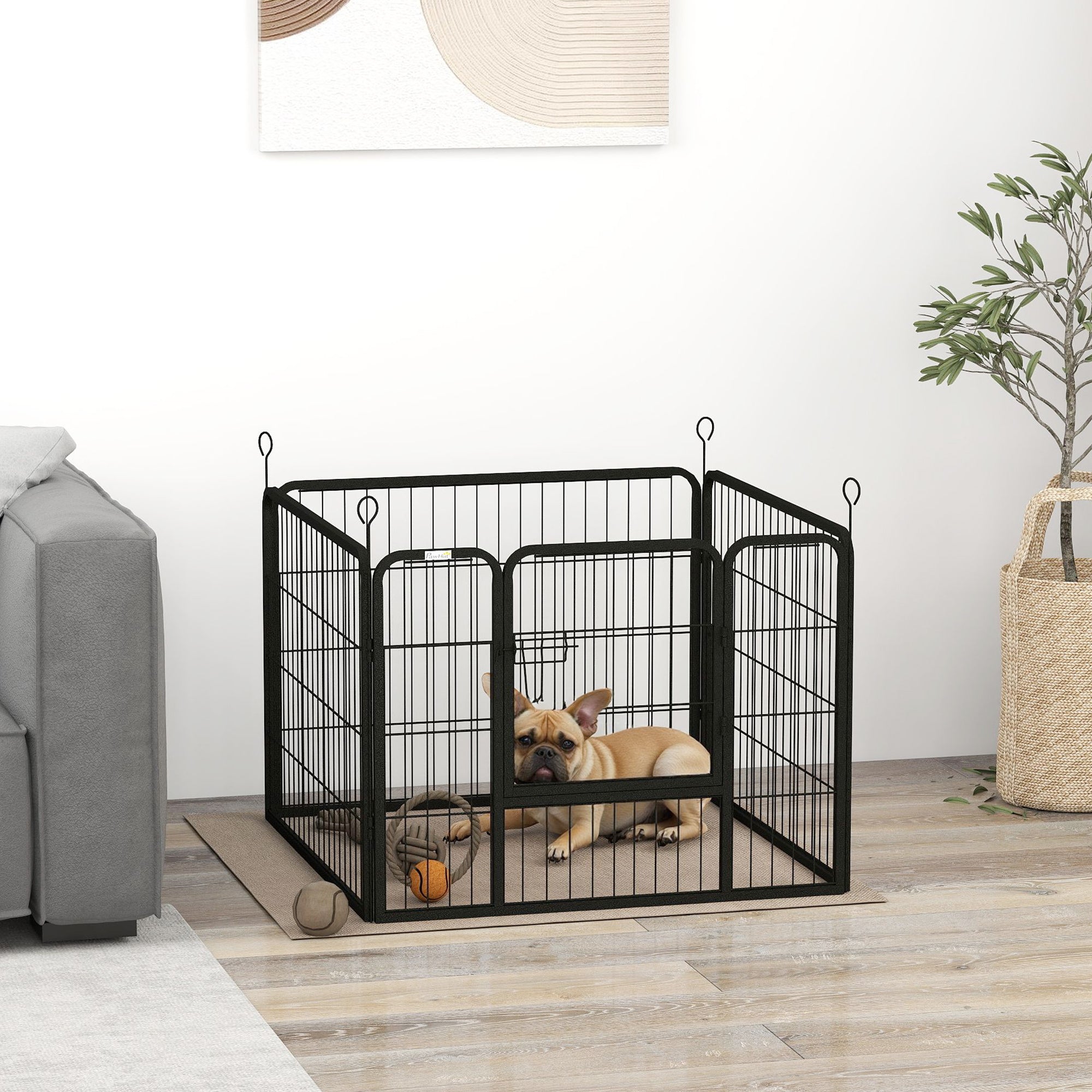 4-Panel Dog Playpen 82x82x60 cm Foldable Pet Playpen with Latch Door and Metal Frame for Indoor and Outdoor Gray