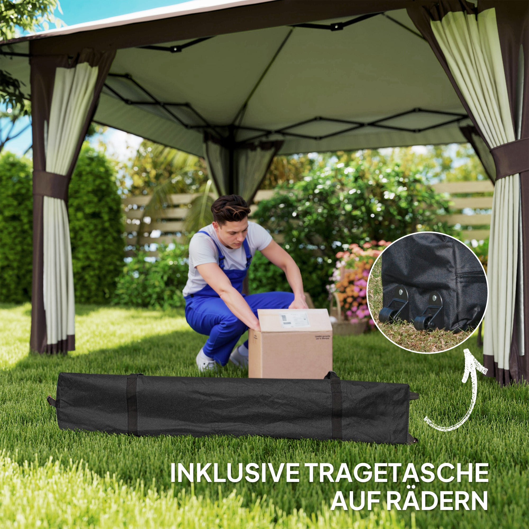 Pavilion 4x4m Waterproof Adjustable Height Pop-up Folding Pavilion with Mesh Walls UV 50+ Foldable Party Tent Garden Tent with Carry Bag Sandbags Garden Pavilion for Camping Garden Festival, Beige